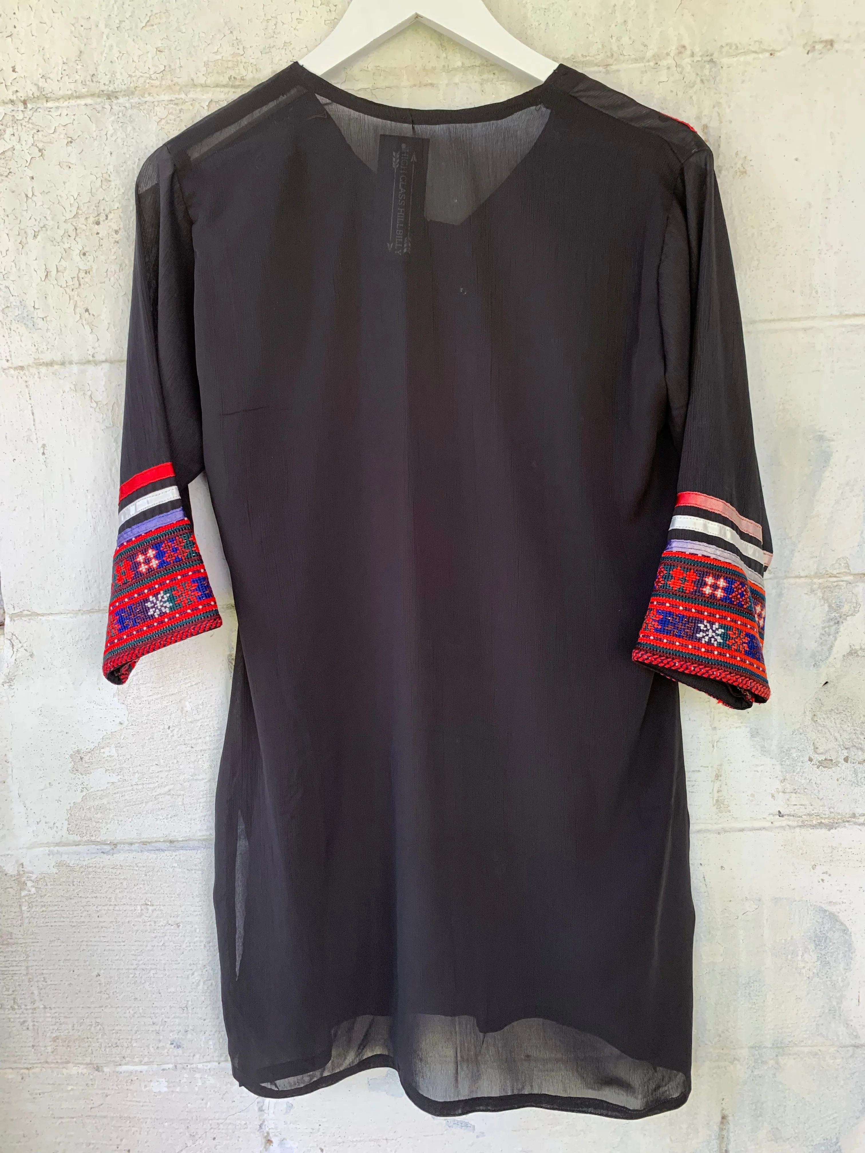 1960s Black Silk Embroidered Tunic Blouse (M)