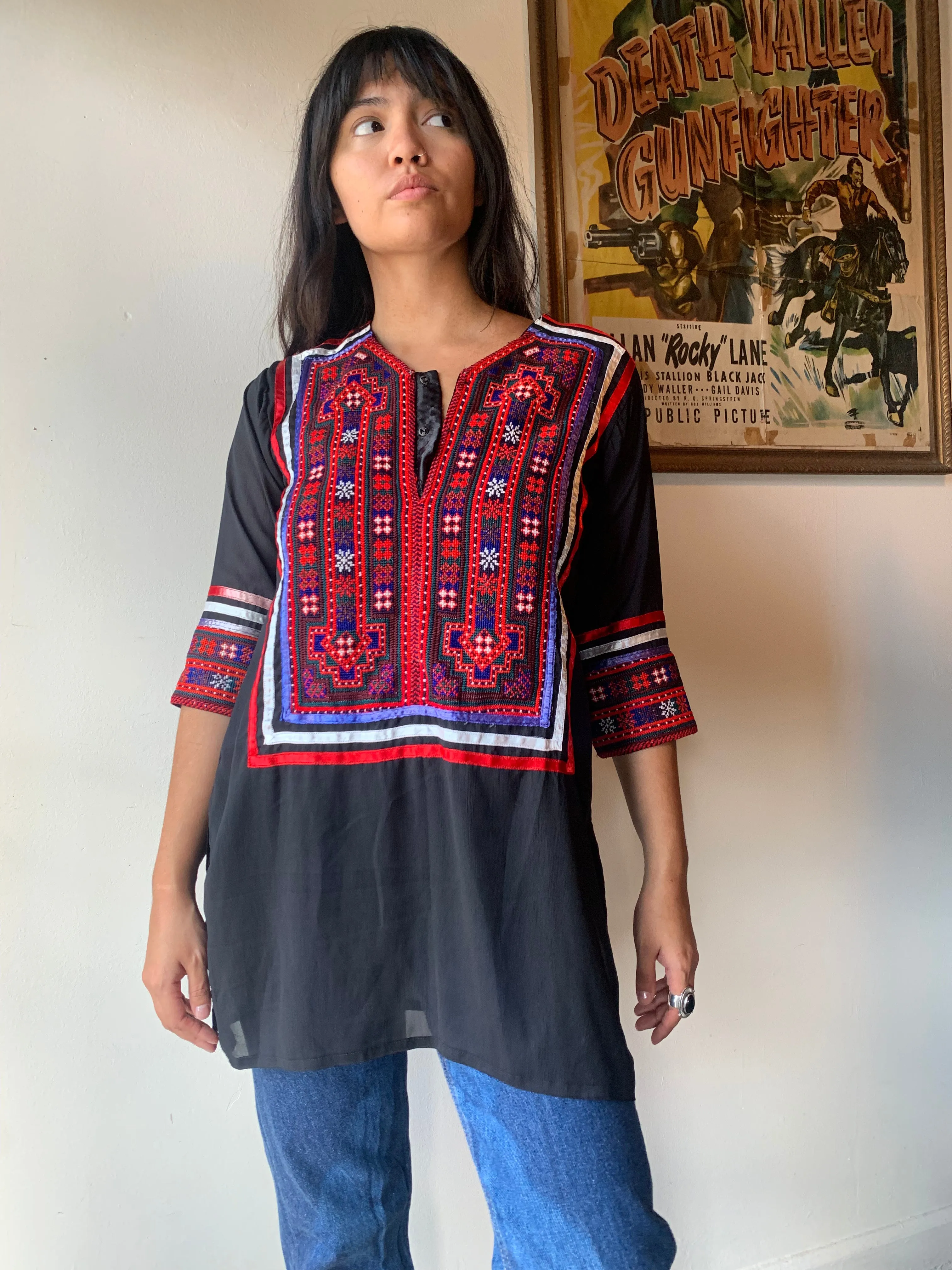 1960s Black Silk Embroidered Tunic Blouse (M)