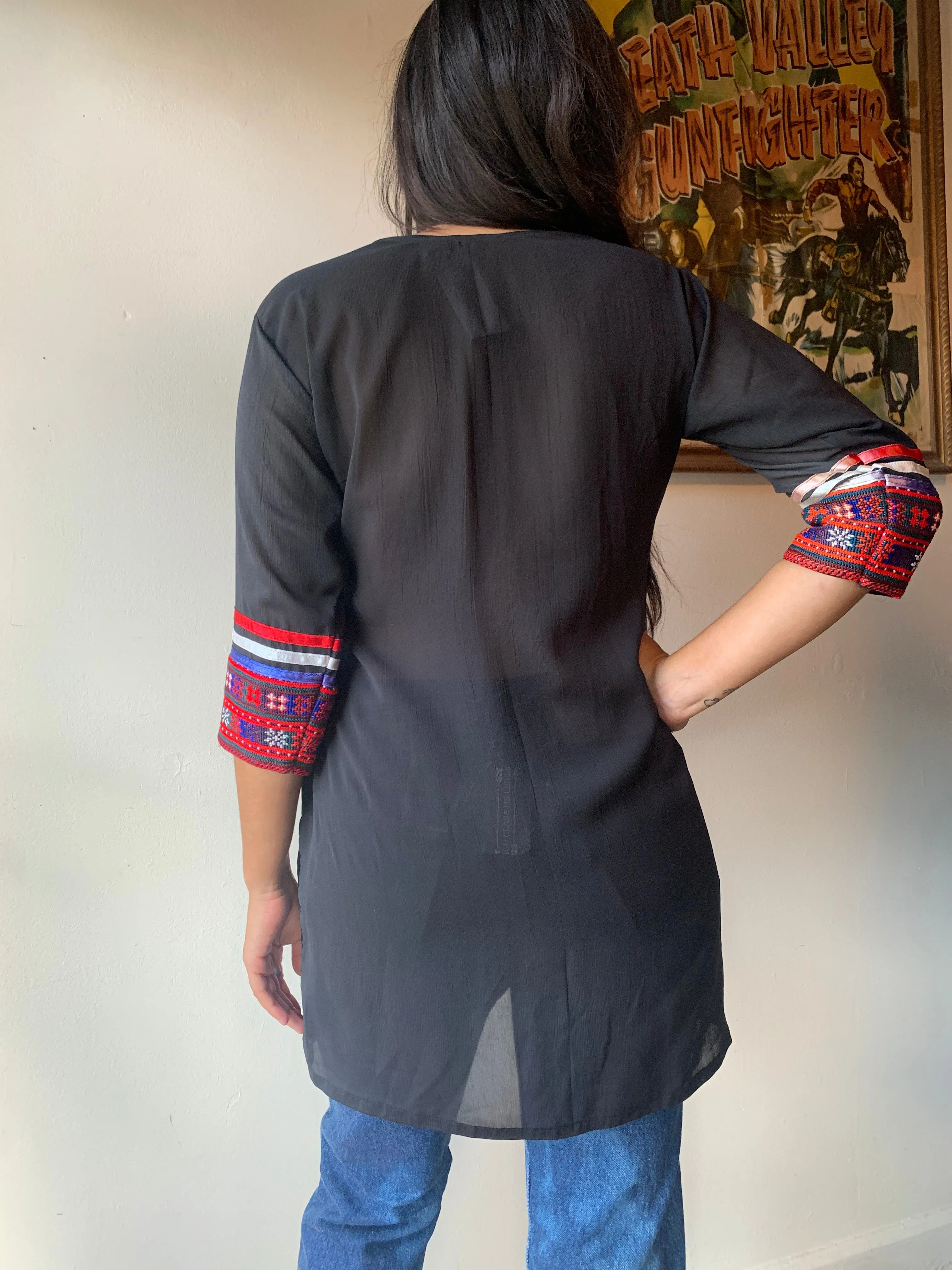 1960s Black Silk Embroidered Tunic Blouse (M)