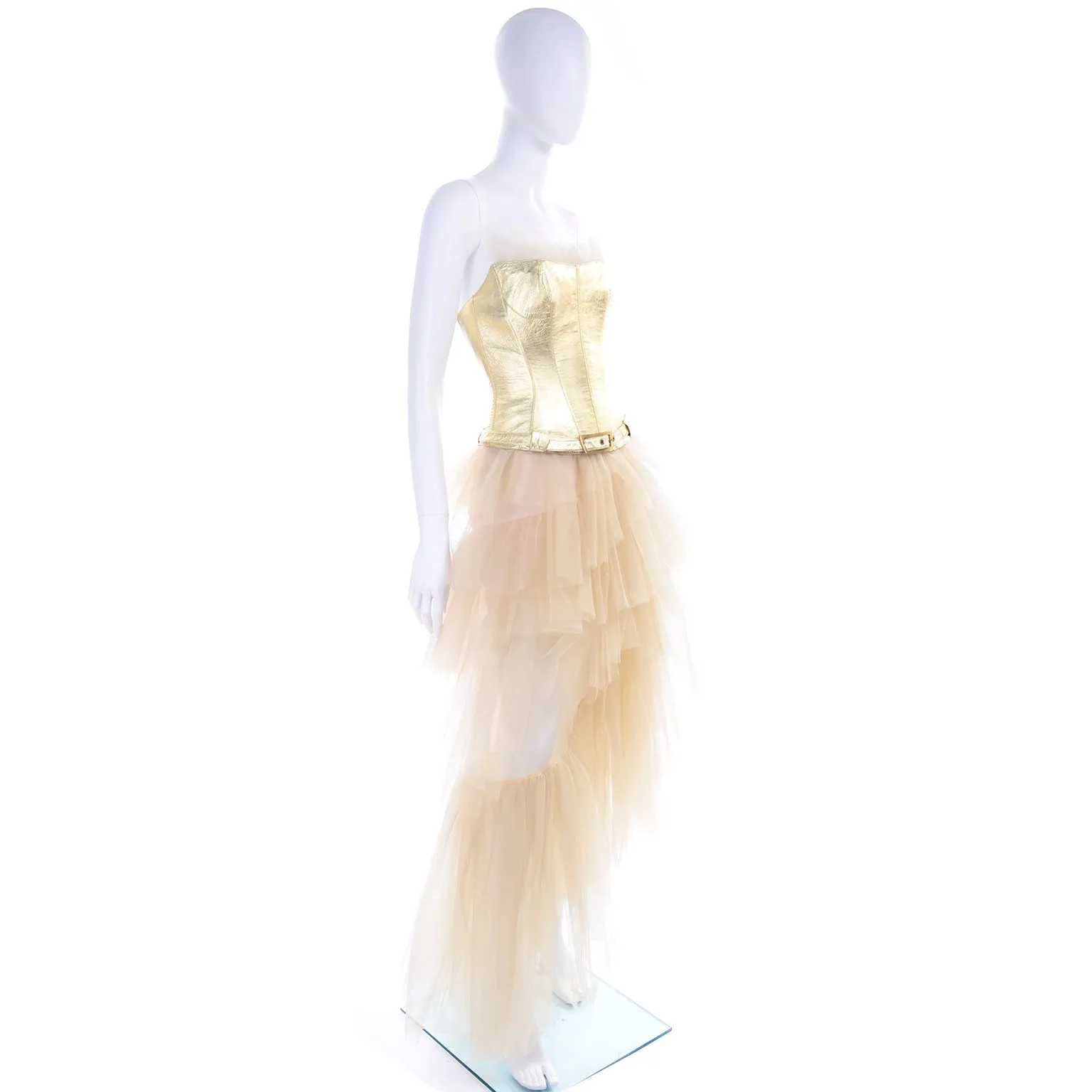 1990s Thierry Mugler Couture Gold Leather Corset Top & Tulle Skirt 2/4