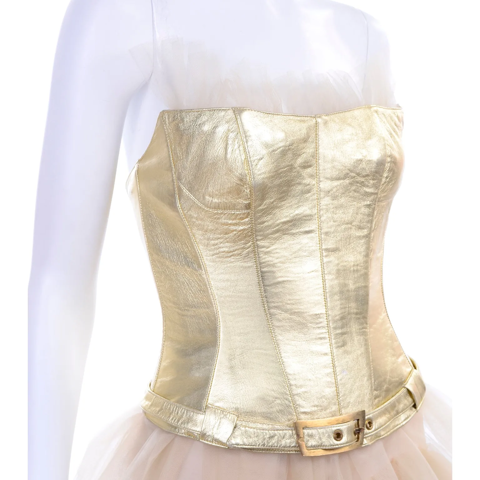 1990s Thierry Mugler Couture Gold Leather Corset Top & Tulle Skirt 2/4