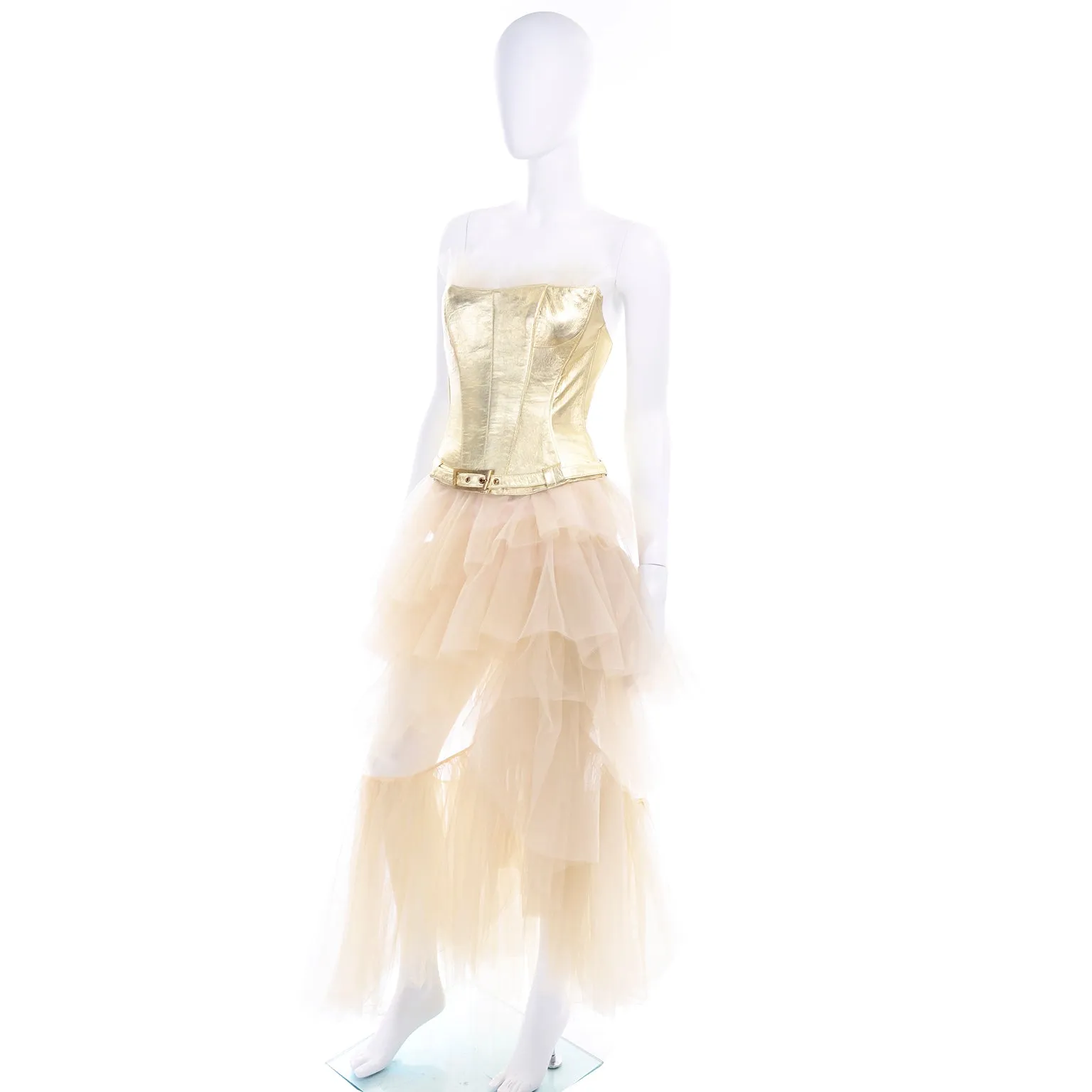 1990s Thierry Mugler Couture Gold Leather Corset Top & Tulle Skirt 2/4