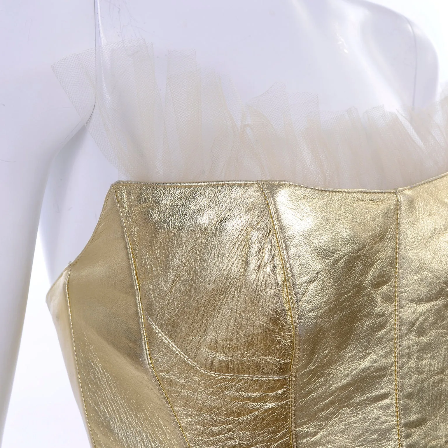 1990s Thierry Mugler Couture Gold Leather Corset Top & Tulle Skirt 2/4