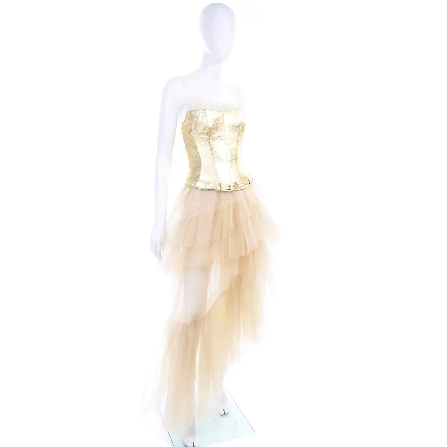 1990s Thierry Mugler Couture Gold Leather Corset Top & Tulle Skirt 2/4