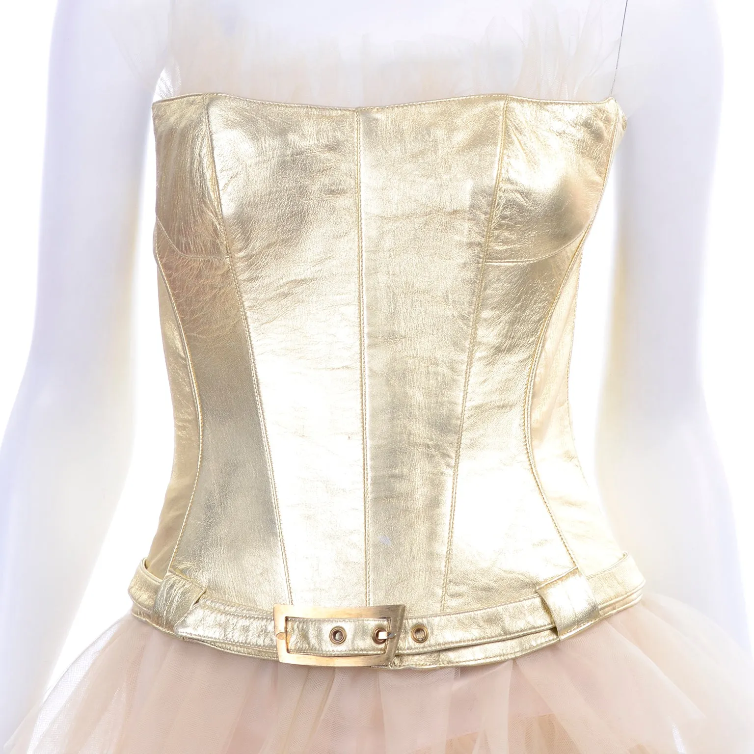 1990s Thierry Mugler Couture Gold Leather Corset Top & Tulle Skirt 2/4