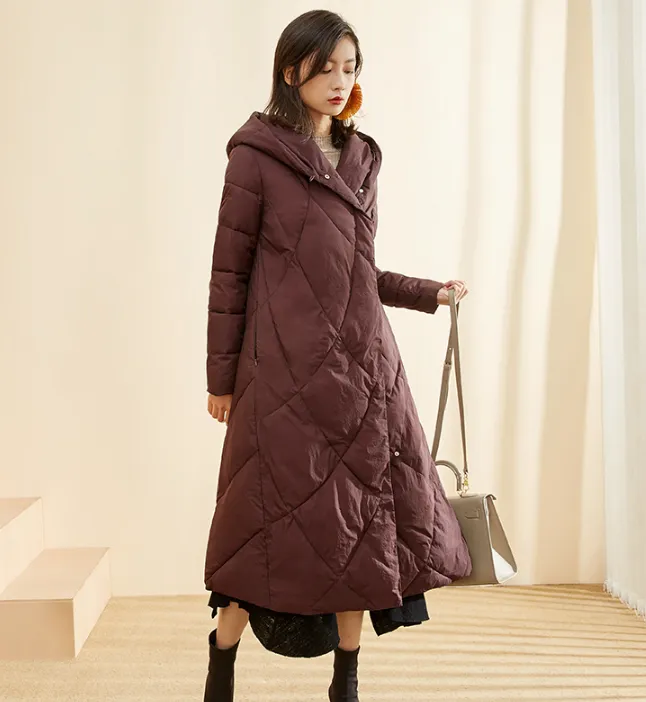 A-Line Long Winter Puffer Coat Duck Down Jacket, Hooded Down Jacket Women 80022