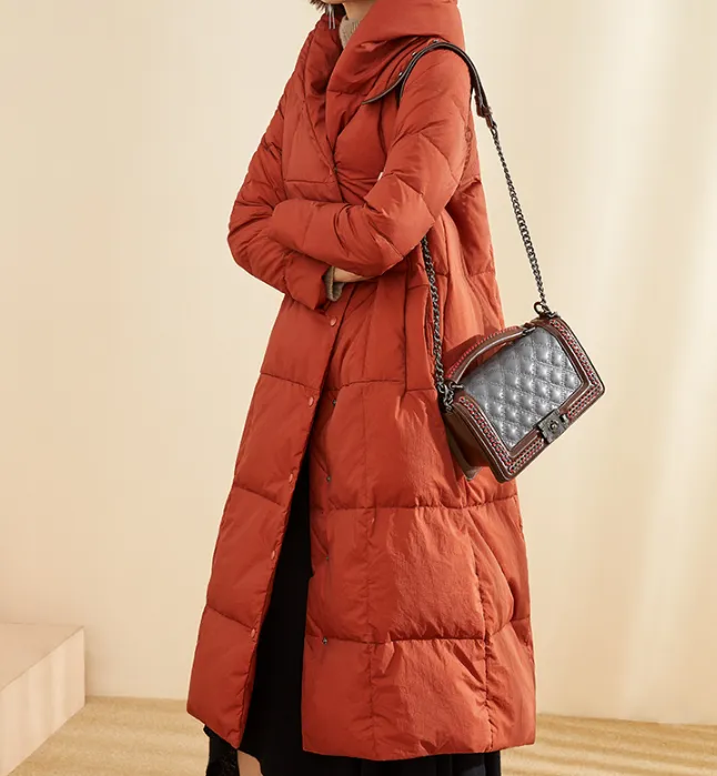 A-Line Long Winter Puffer Coat Duck Down Jacket Large Collar Women Warm Jacket 56603