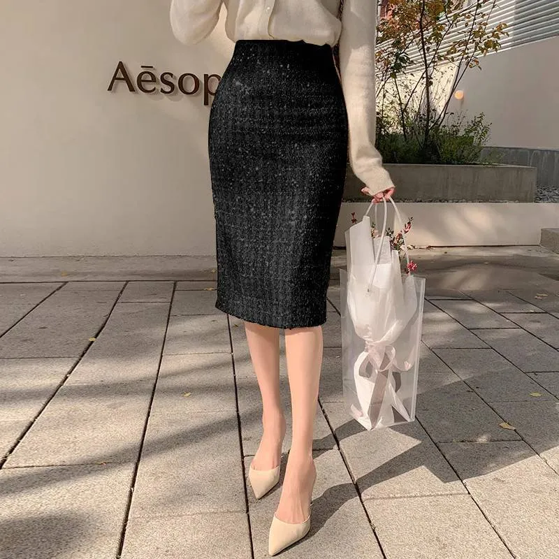 Aiertu fall outfits Skirt Autumn and Winter Women's Short Skirt Sequined Skirt Sequined Skirt Tweed One-Step Hip Skirt Mid-Length