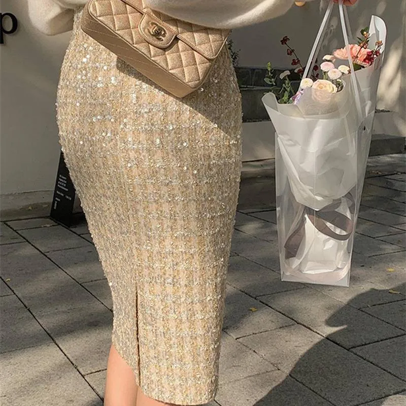 Aiertu fall outfits Skirt Autumn and Winter Women's Short Skirt Sequined Skirt Sequined Skirt Tweed One-Step Hip Skirt Mid-Length