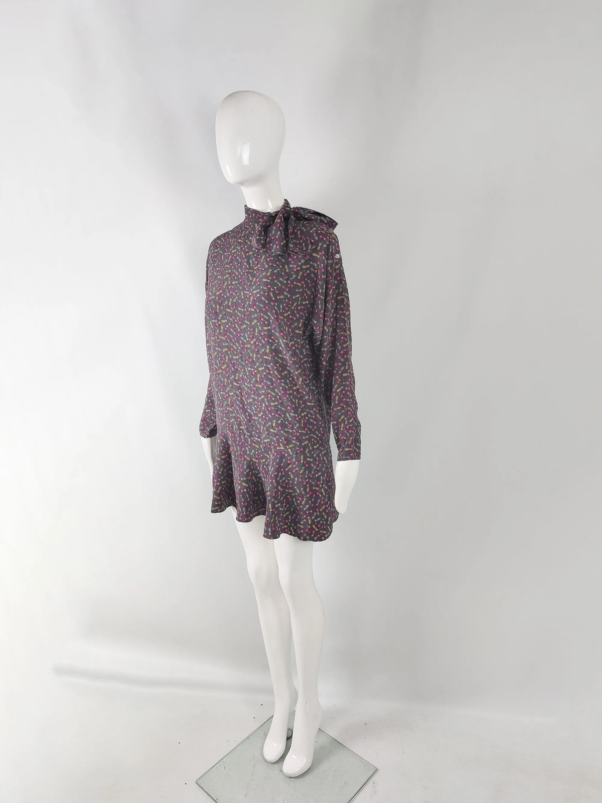 Angelo Tarlazzi Vintage Grey Silk Champagne Print Blouse, 1980s