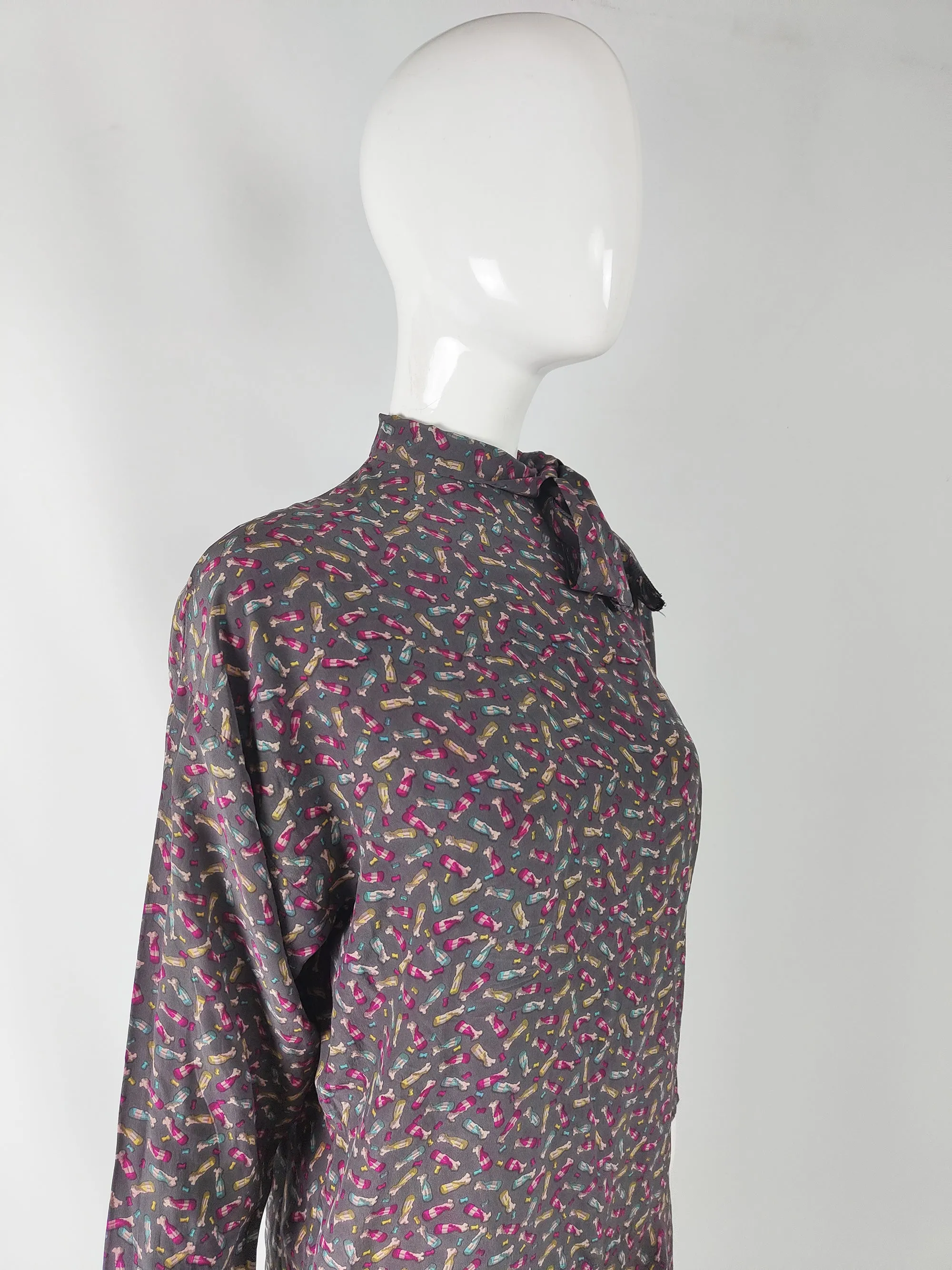 Angelo Tarlazzi Vintage Grey Silk Champagne Print Blouse, 1980s