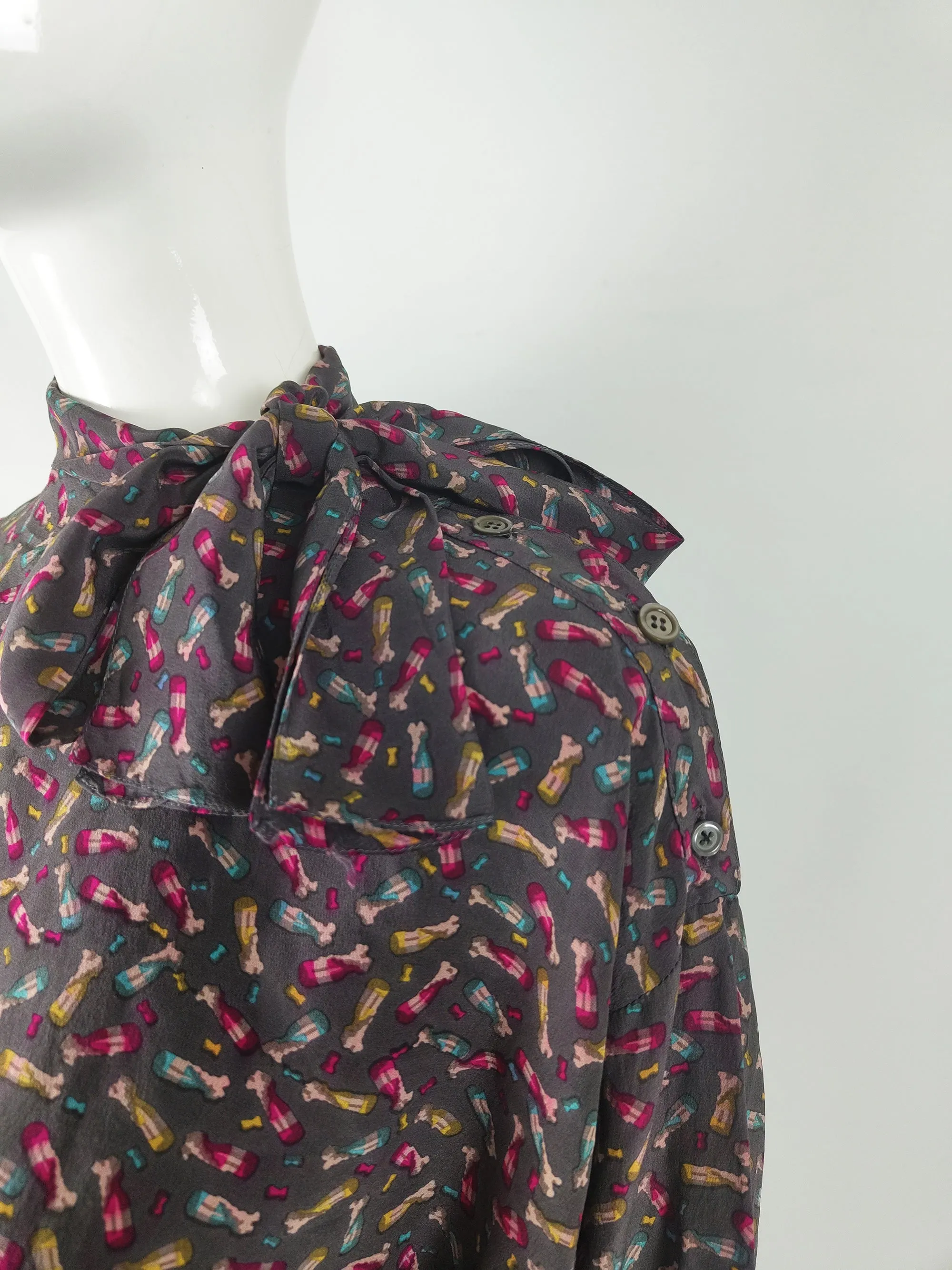 Angelo Tarlazzi Vintage Grey Silk Champagne Print Blouse, 1980s