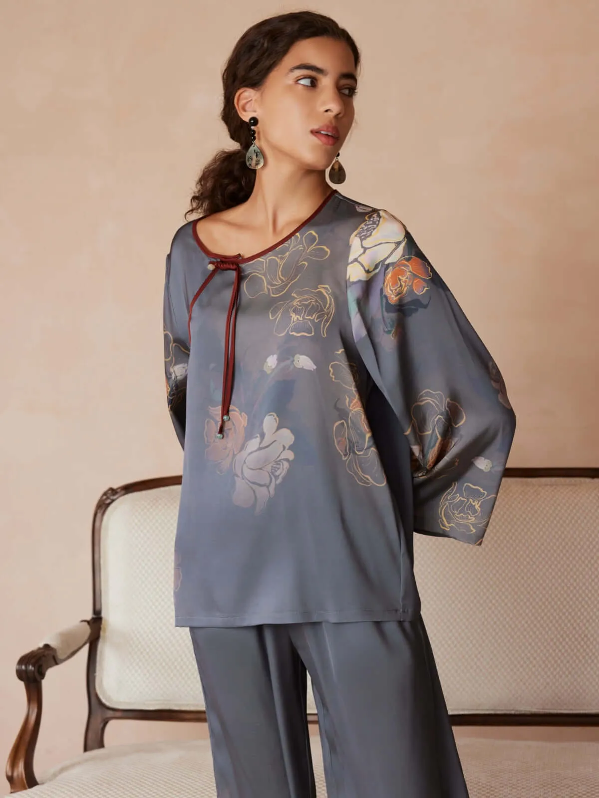 Asian Vintage Floral Peony Pajama Set 2Pcs