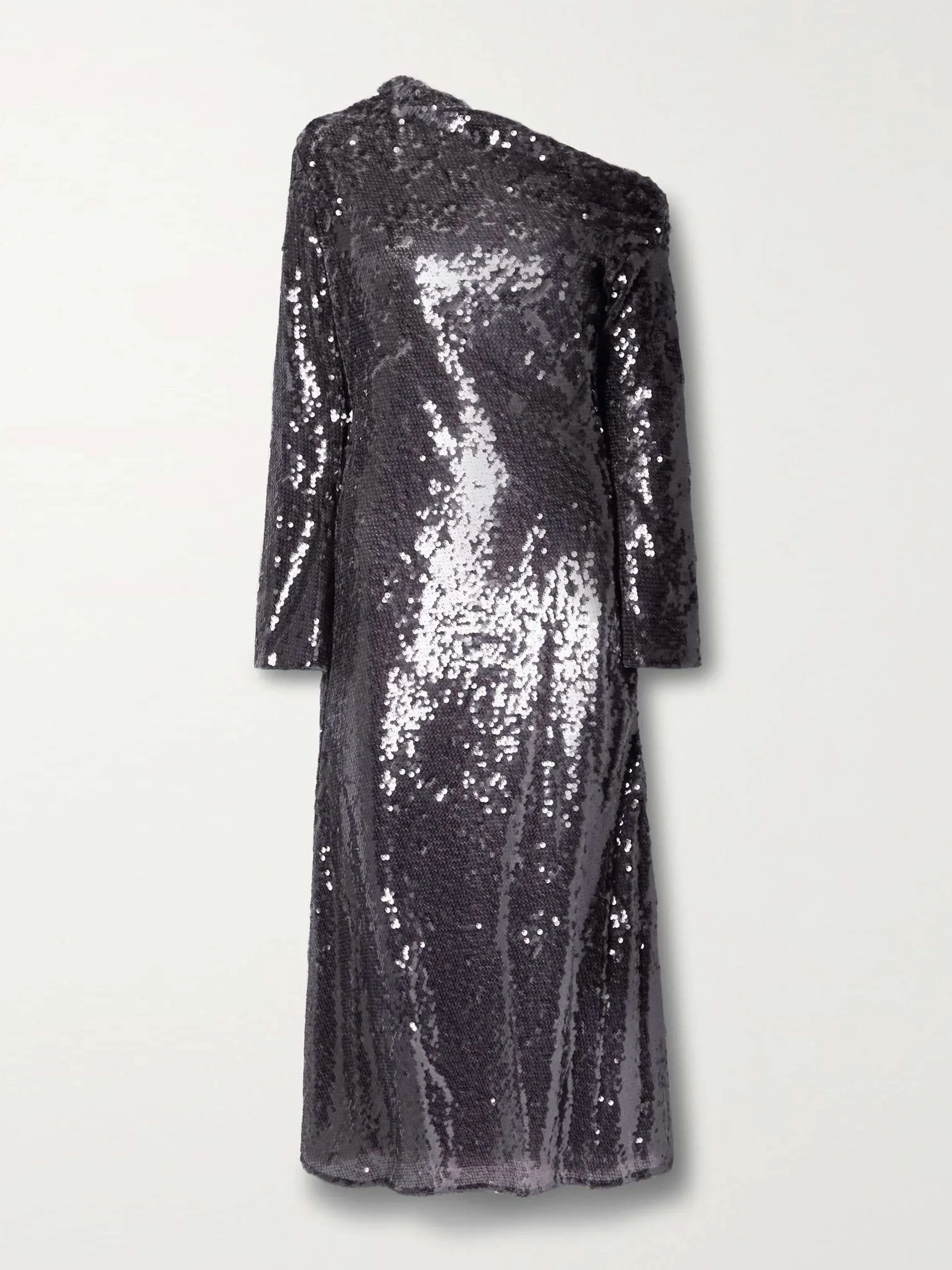 Asymmetric sequined mesh midi dress