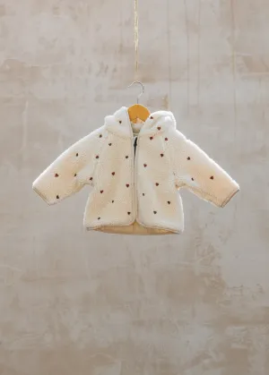 Babies' Loose Sherpa Jacket in Sandshell with Embroidered Hearts