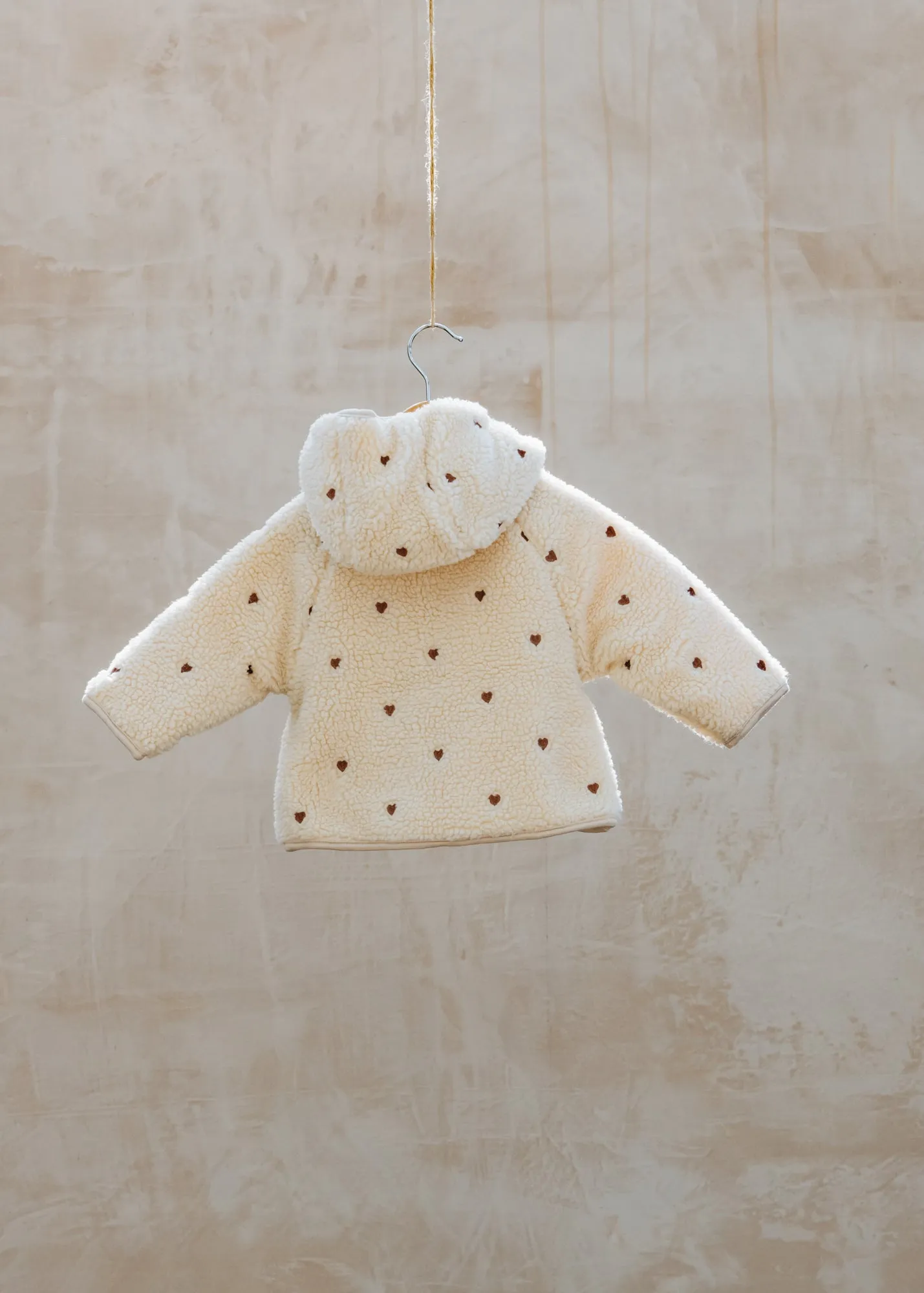 Babies' Loose Sherpa Jacket in Sandshell with Embroidered Hearts