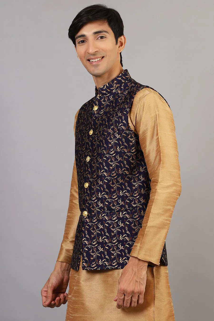 Banarasi Rayon Cotton Blue Modi Nehru Jacket