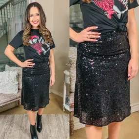 Beating Expectations Solid Sequin Midi Skirt in Black