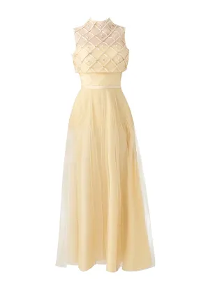 BEIGE A-LINE DRAPED MESH SILK MAXI DRESS