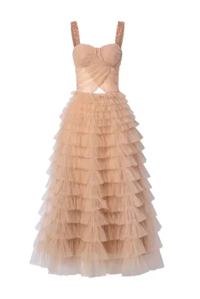 BEIGE LAURENT TULLE LAYERED MAXI DRESS