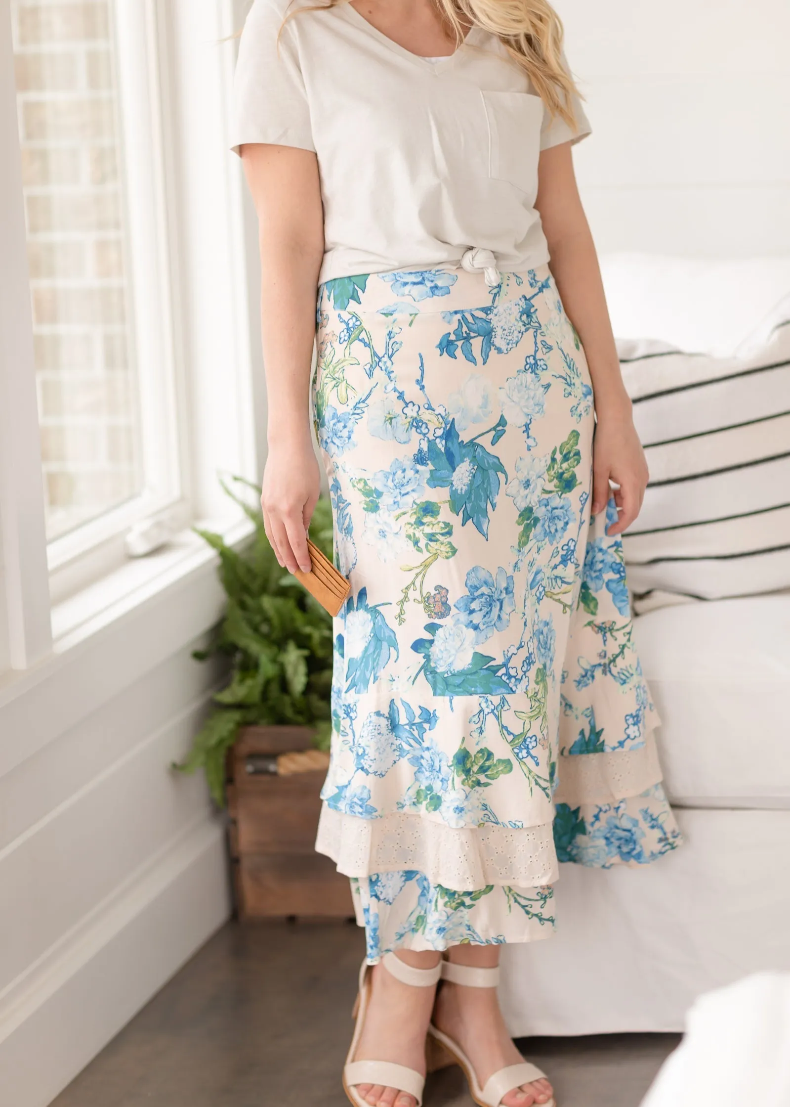 Beige Layered Ruffle Floral Midi Skirt - FINAL SALE