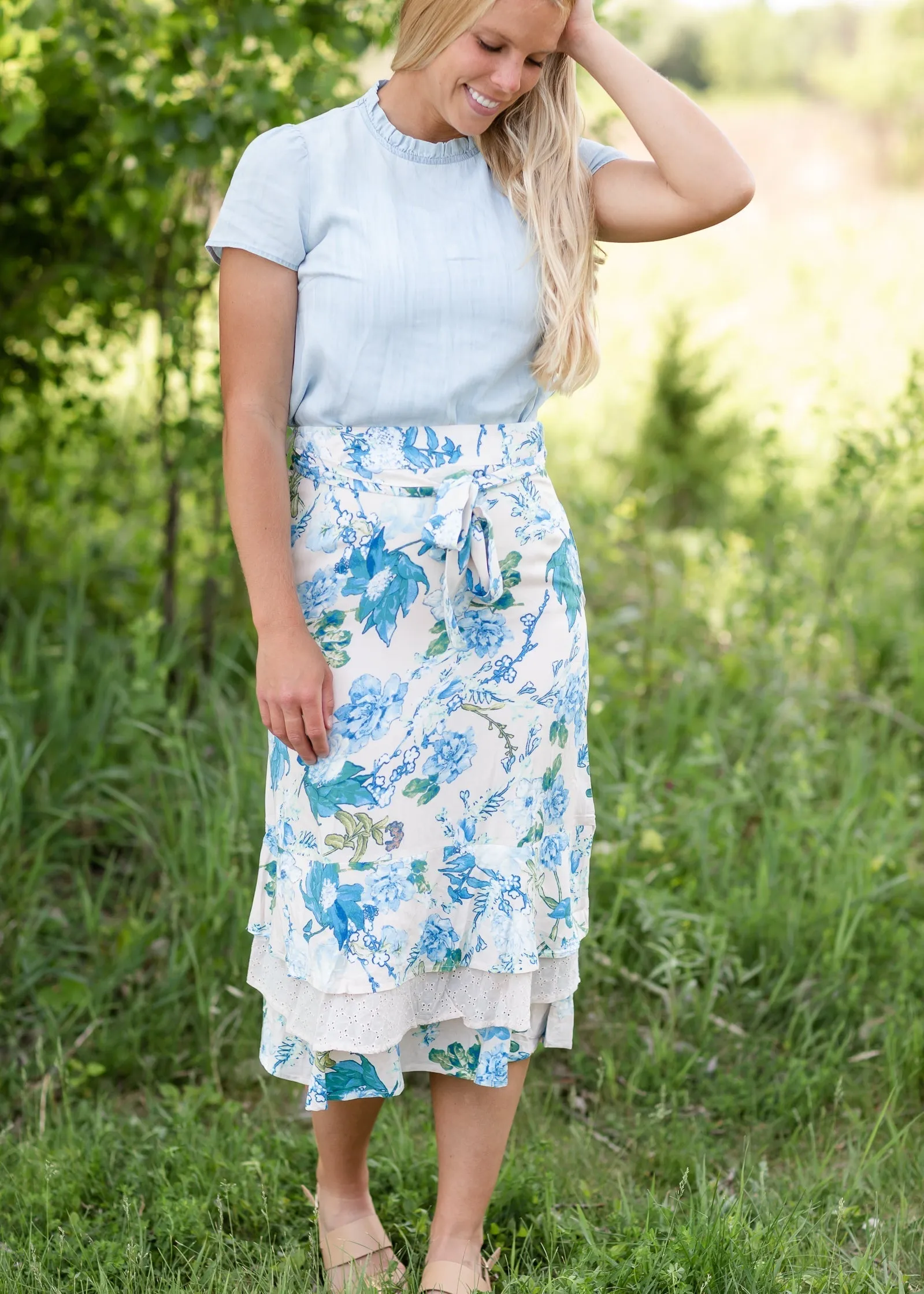 Beige Layered Ruffle Floral Midi Skirt - FINAL SALE