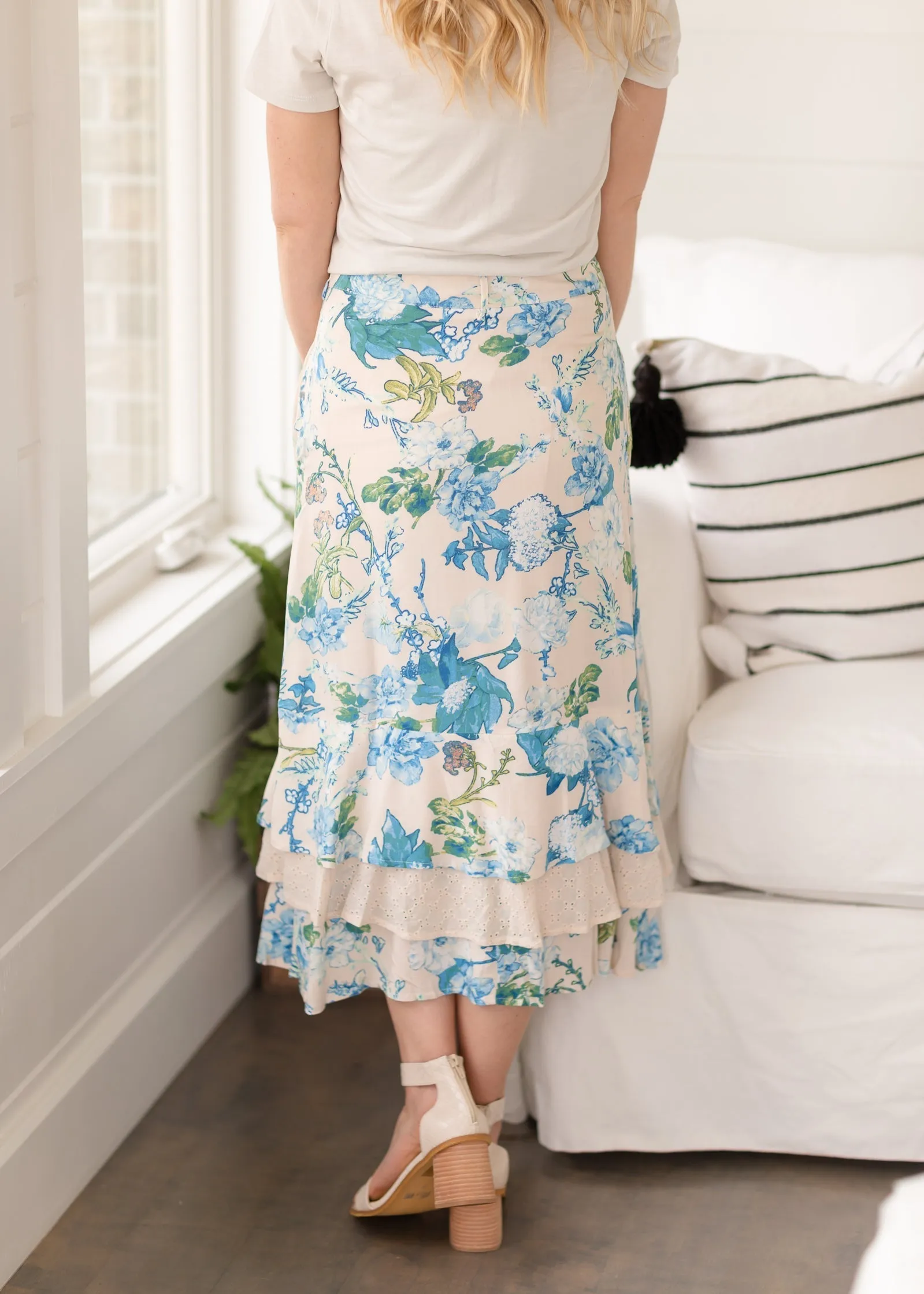 Beige Layered Ruffle Floral Midi Skirt - FINAL SALE