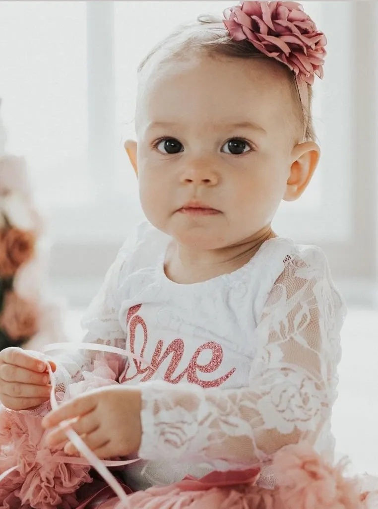 Birthday Outfits Long Sleeve Lace Romper with Bloomer, Tutu and Headband #1000687