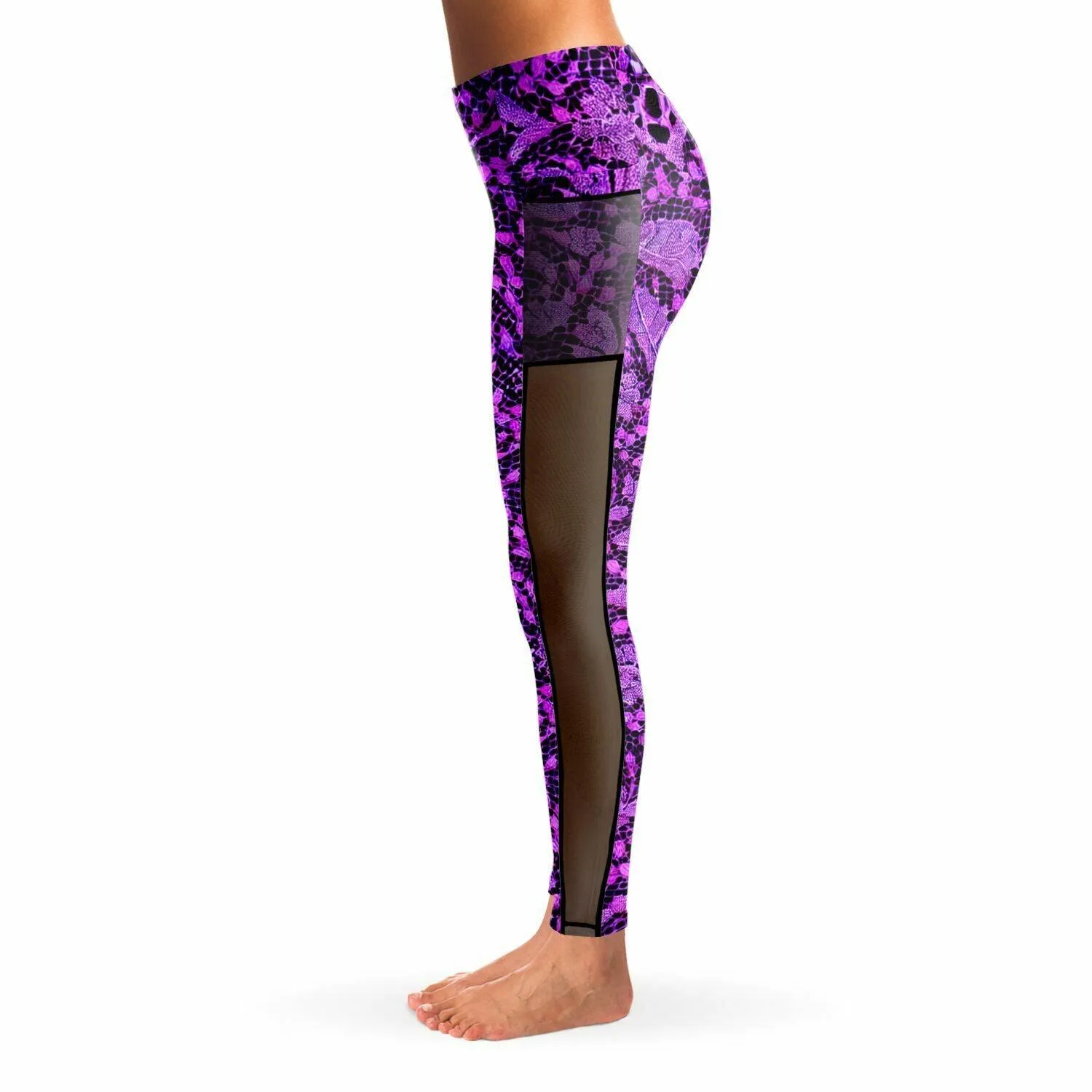 Black and Purple Lace Mesh Pocket Leggings