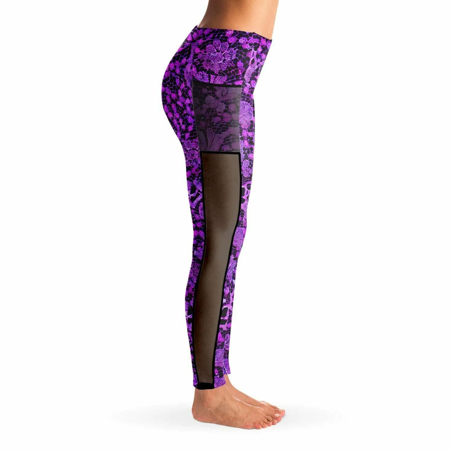 Black and Purple Lace Mesh Pocket Leggings