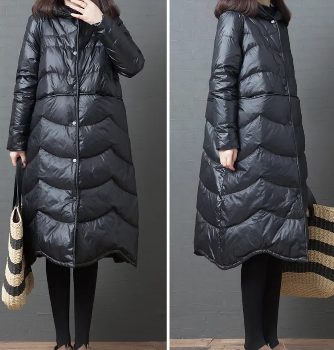 Black Hooded Long Puffer Coat Winter Duck Down Jacket Loose Down Jacket 23001