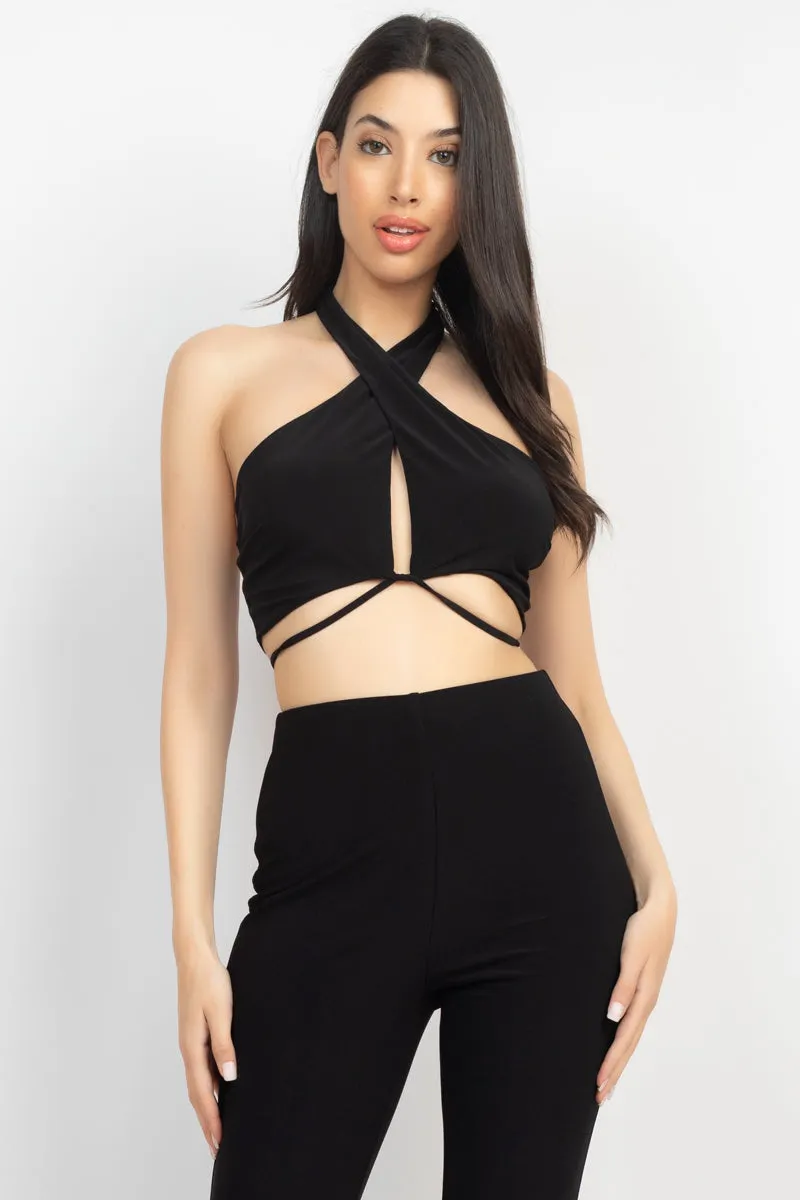 Black Solid Halter Top And Elastic Leggings Set - Ships from The USA