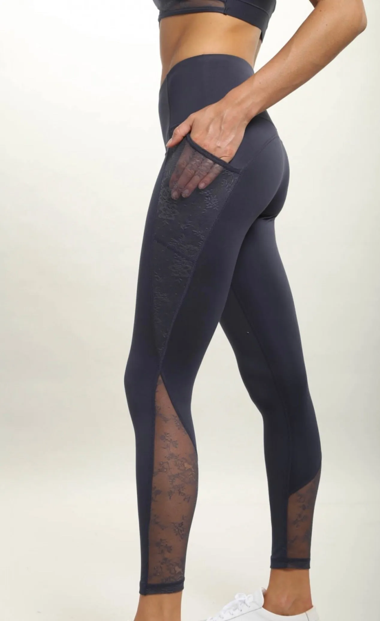 Blue Floral Lace Mesh Splice Highwaist Leggings