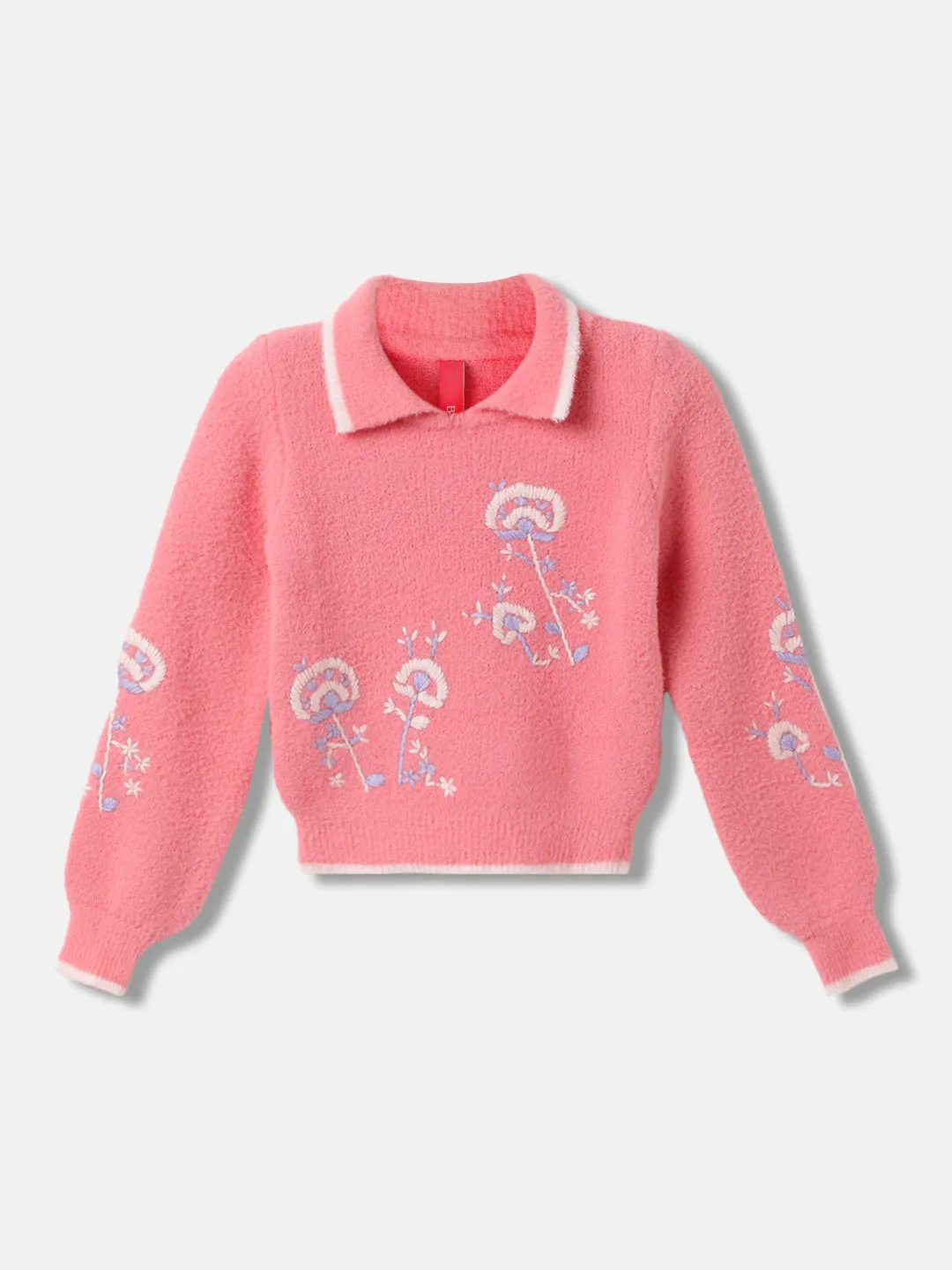 Blue Giraffe Girls Pink Self-Design Collar Neck Full Sleeves Pullover Style Sweater