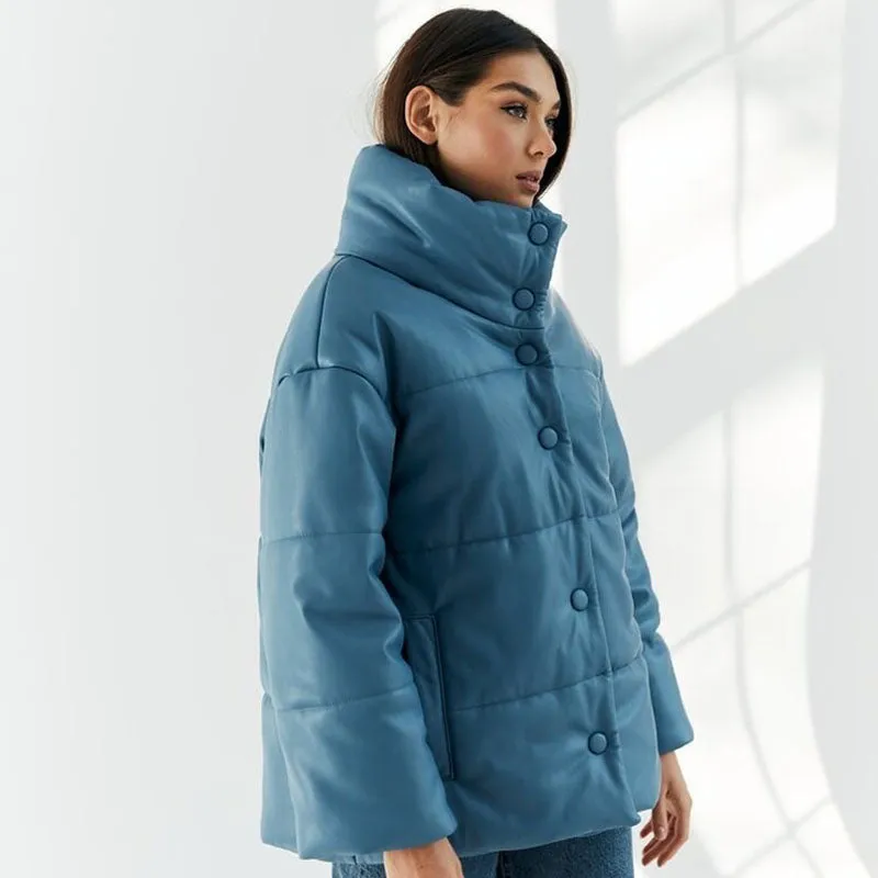 Blue Leather Puffer Jacket for Women