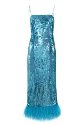 BLUE SEQUINED MIDI DRESS WITH FEATHERS