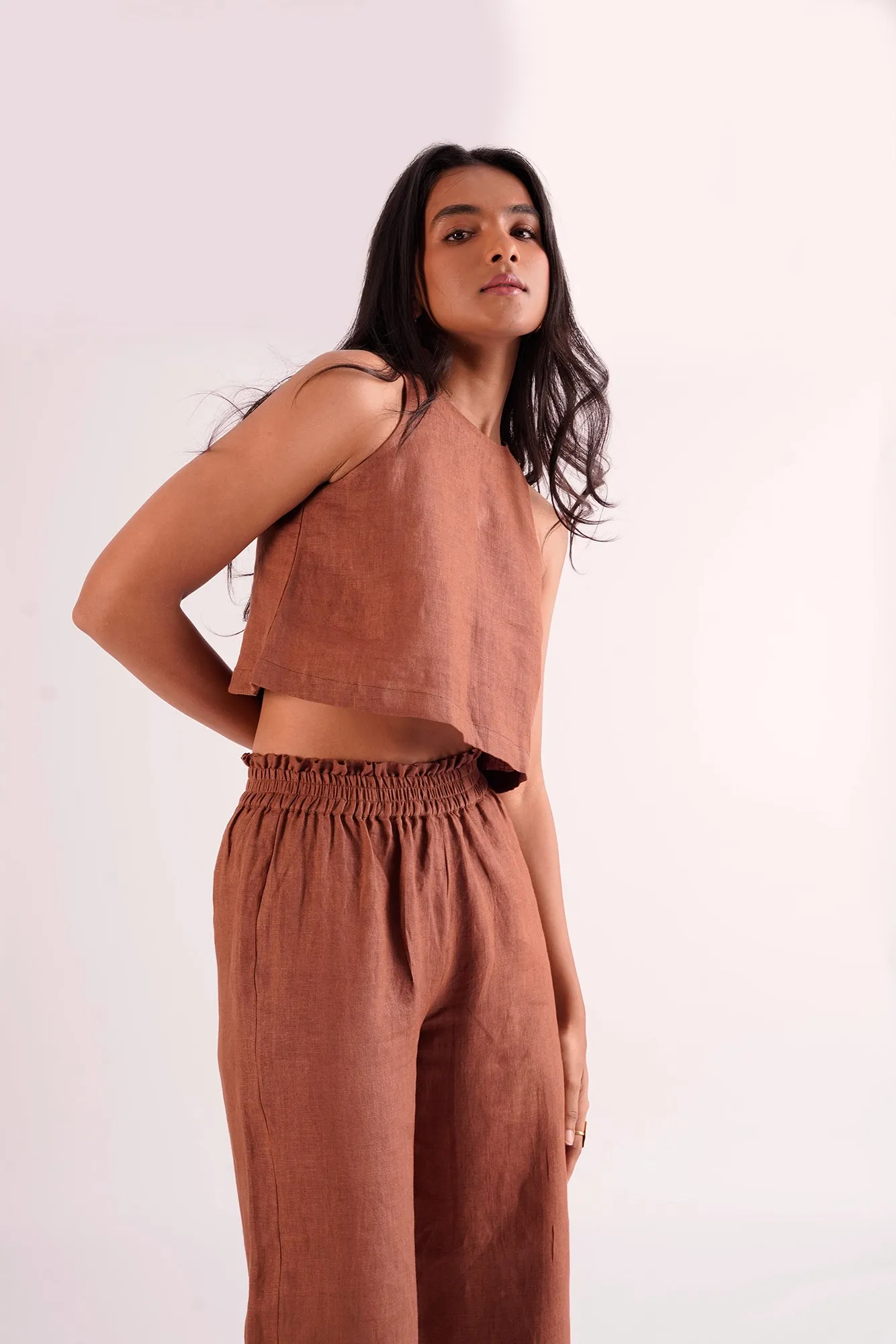 Brown 100% Linen High neck Women's Top