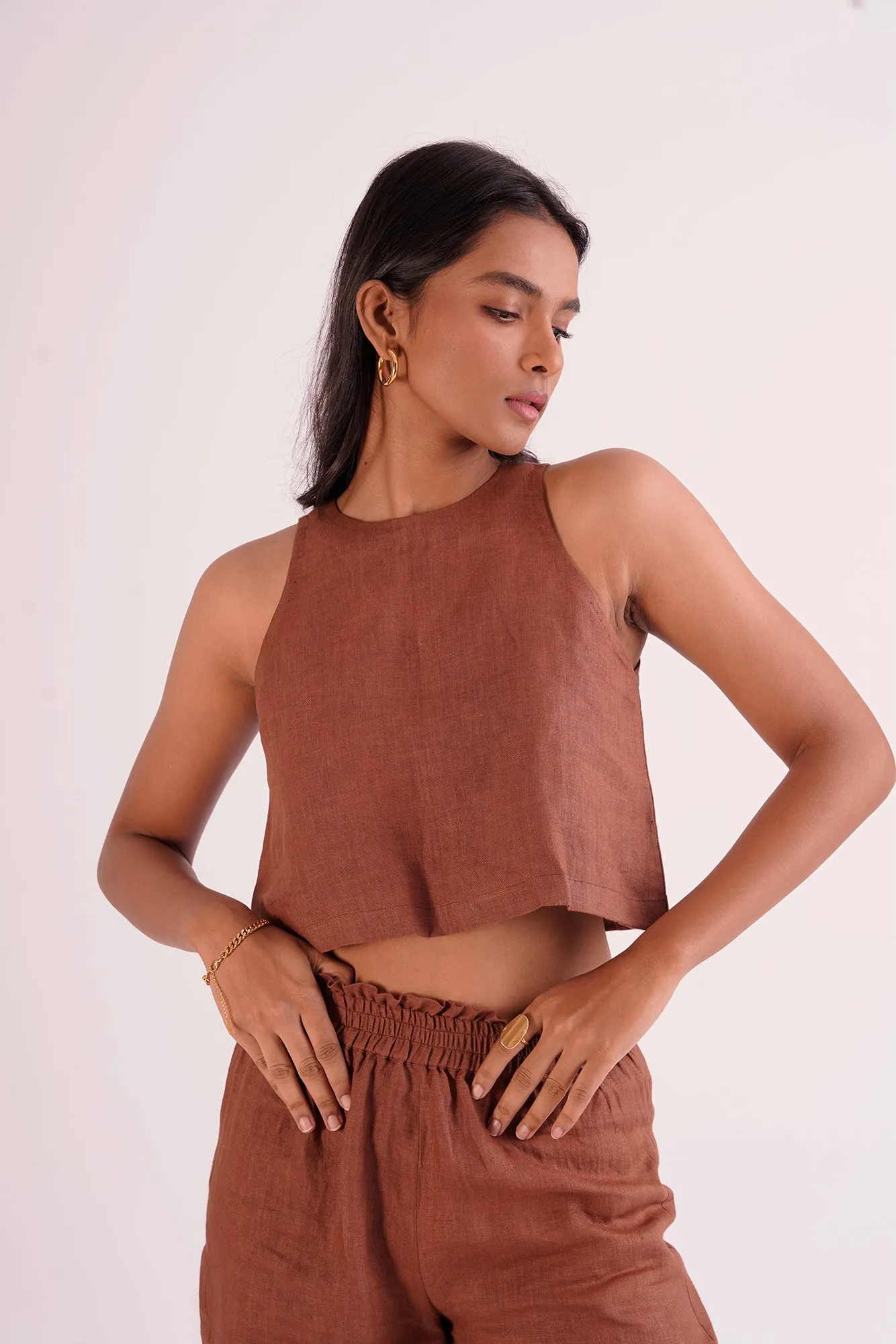 Brown 100% Linen High neck Women's Top