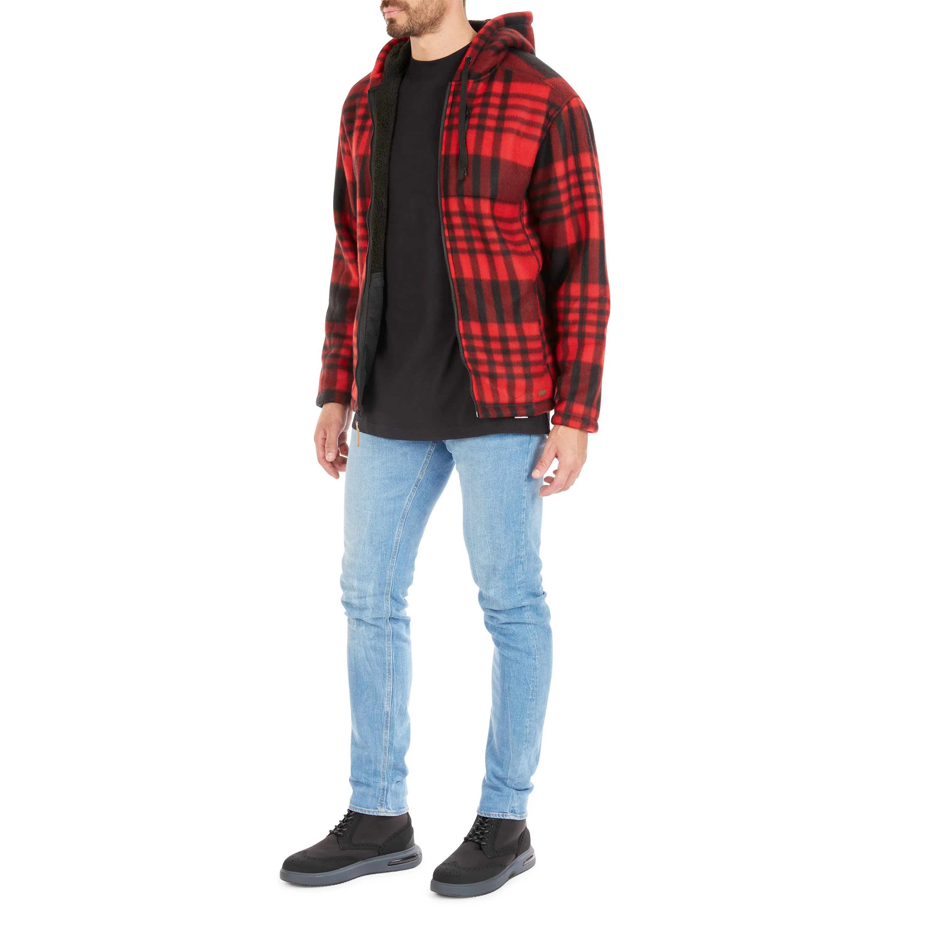 BUTTER-SHERPA LINED PLAID POLARFLEECE FULL ZIP HOODED JACKET