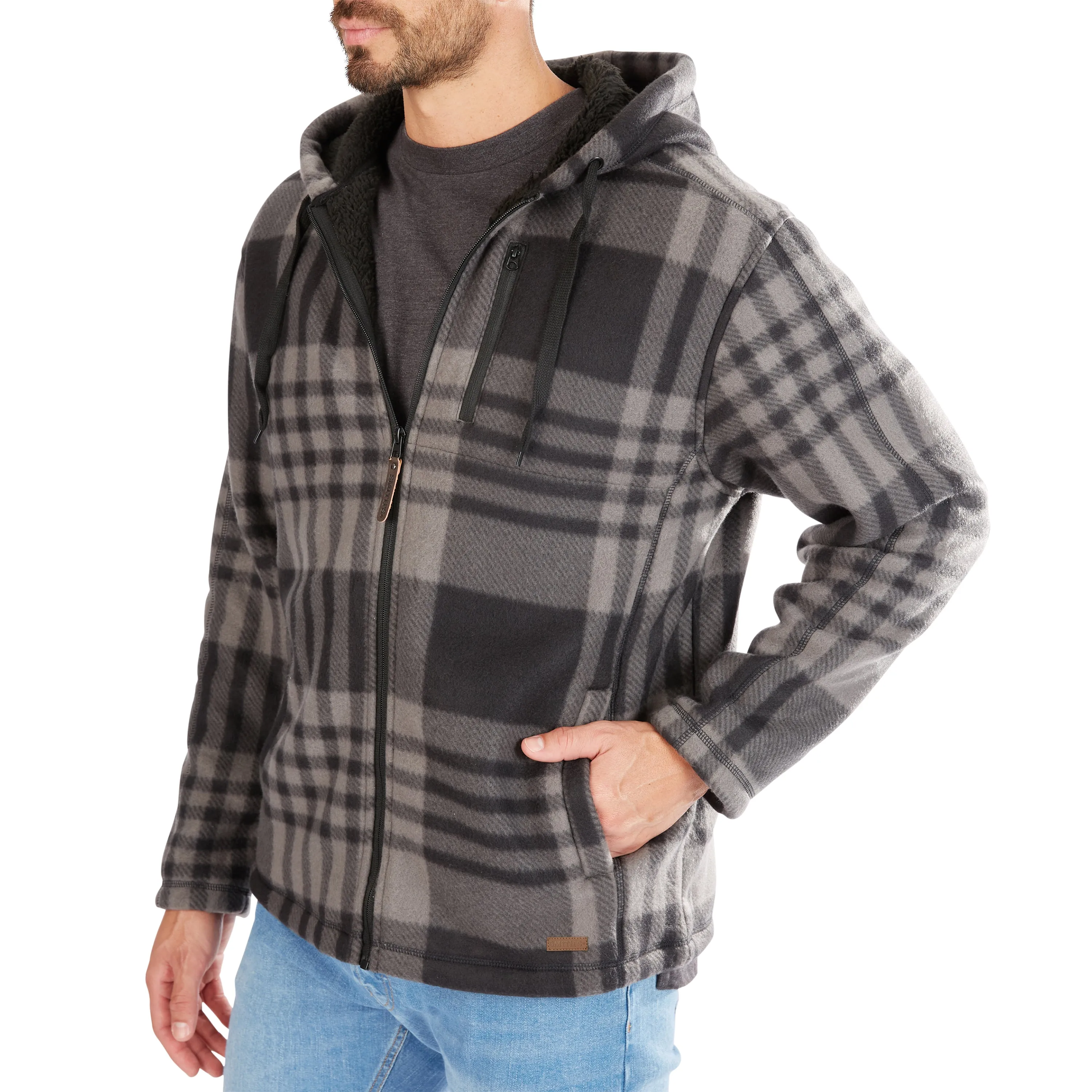 BUTTER-SHERPA LINED PLAID POLARFLEECE FULL ZIP HOODED JACKET