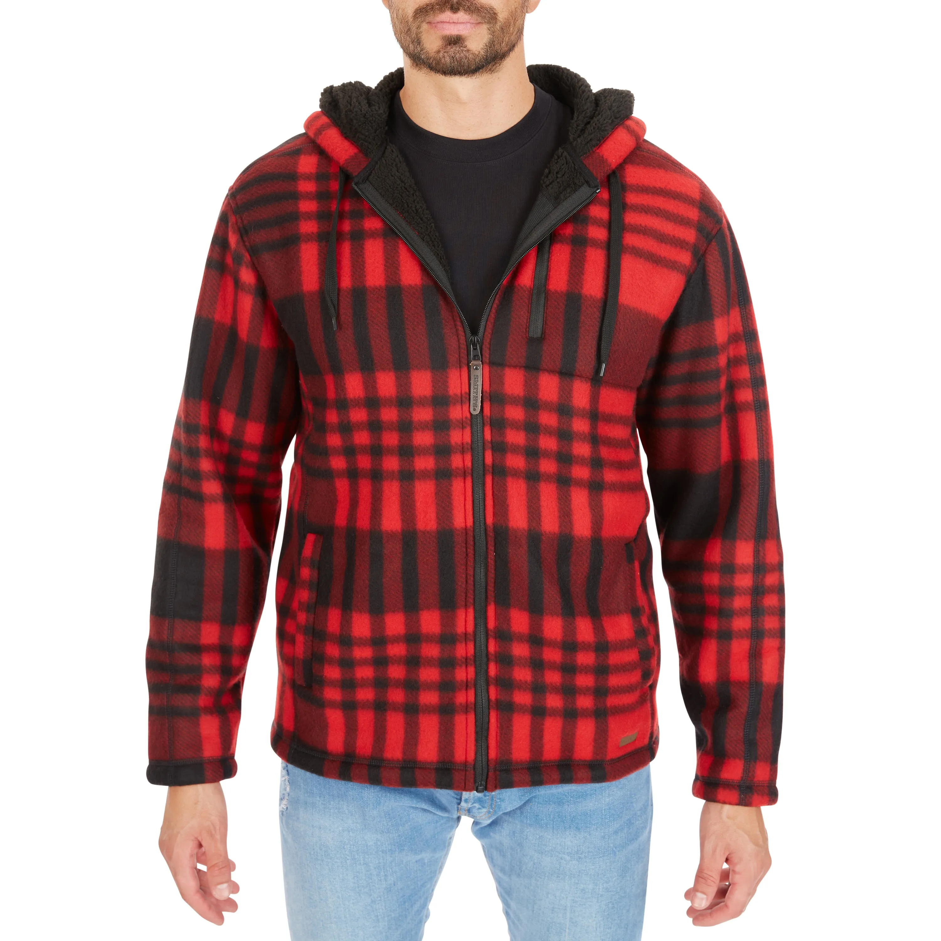 BUTTER-SHERPA LINED PLAID POLARFLEECE FULL ZIP HOODED JACKET