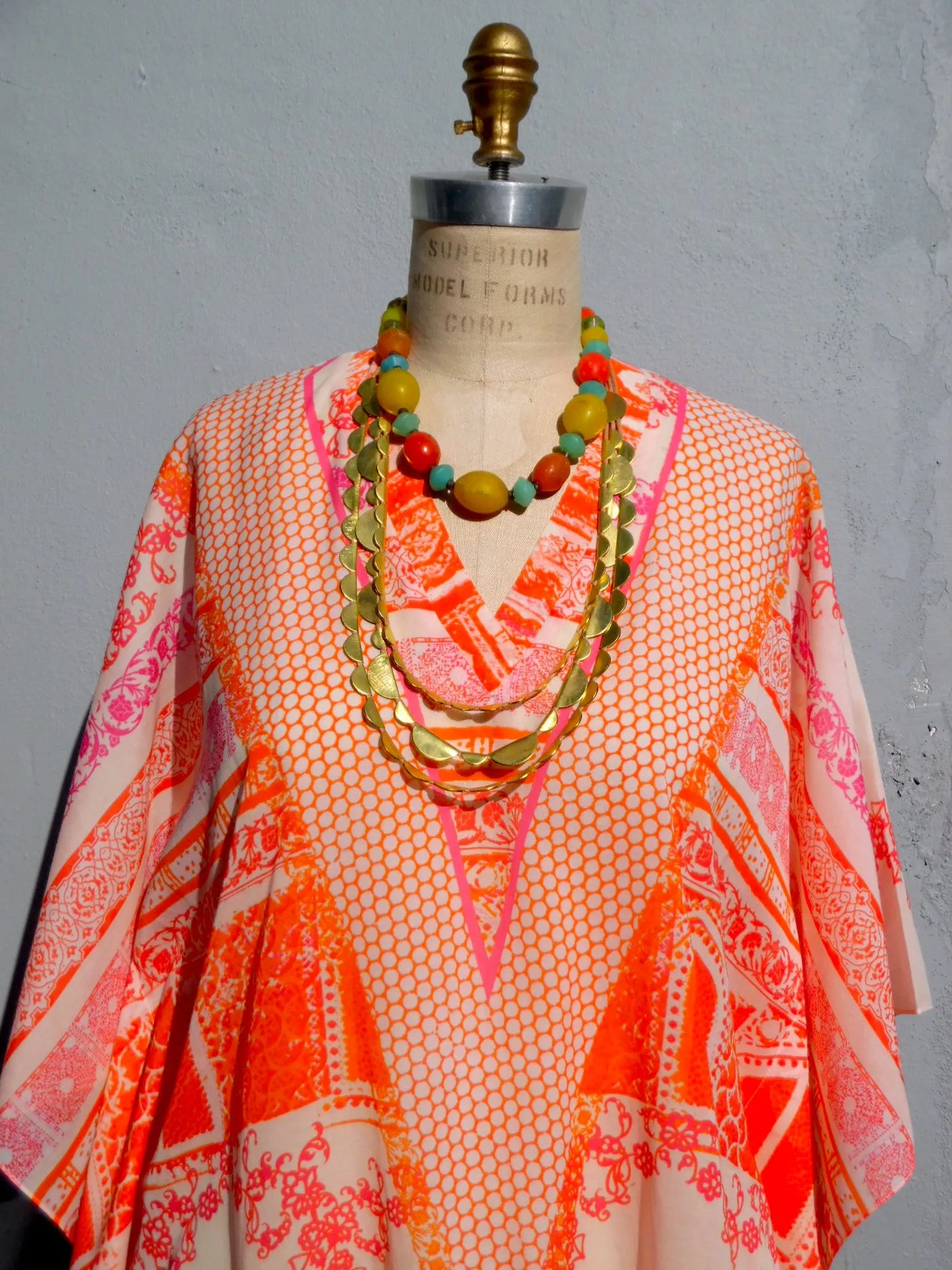 Caftan Silk Cotton Chinoiserie Orange And Pink