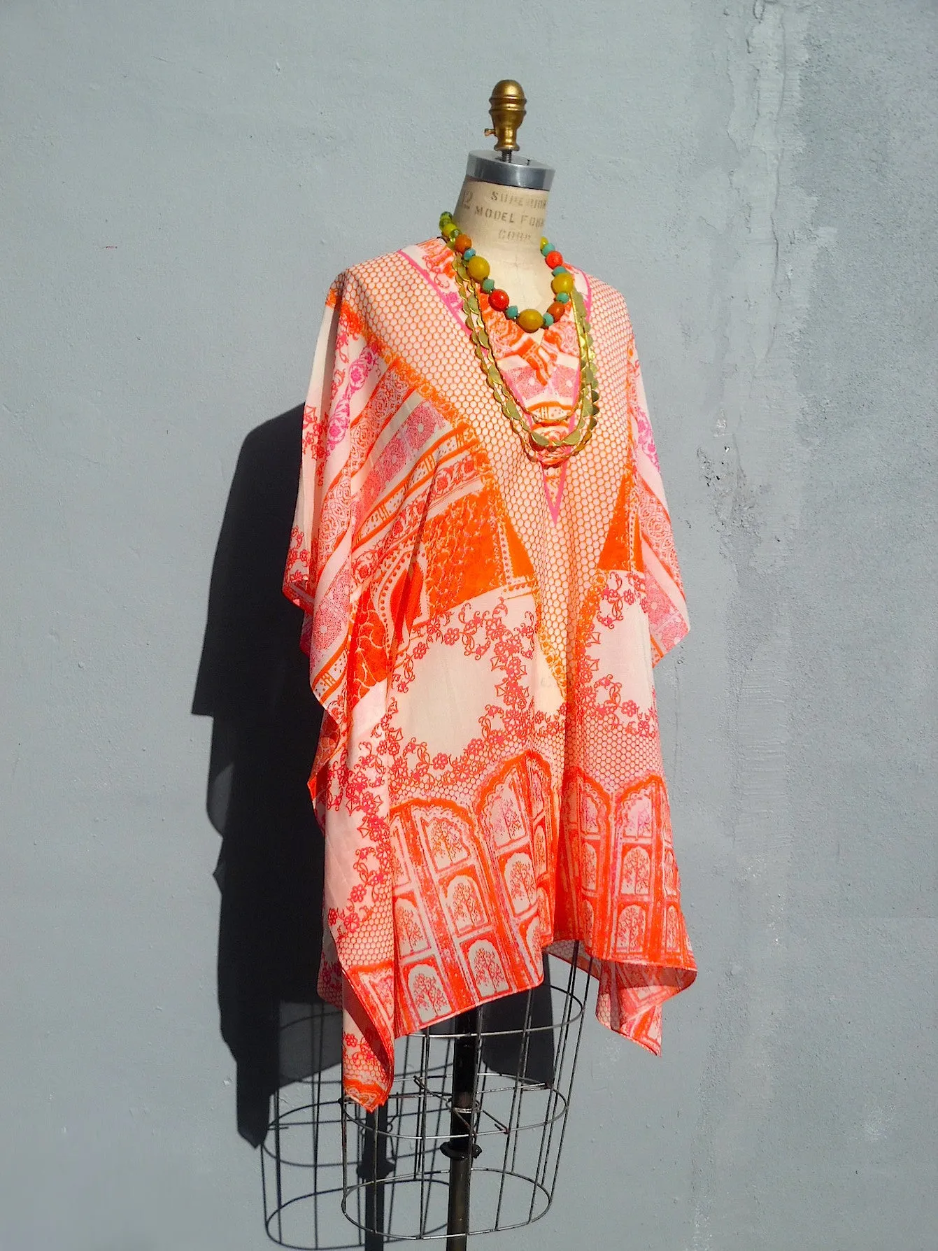 Caftan Silk Cotton Chinoiserie Orange And Pink