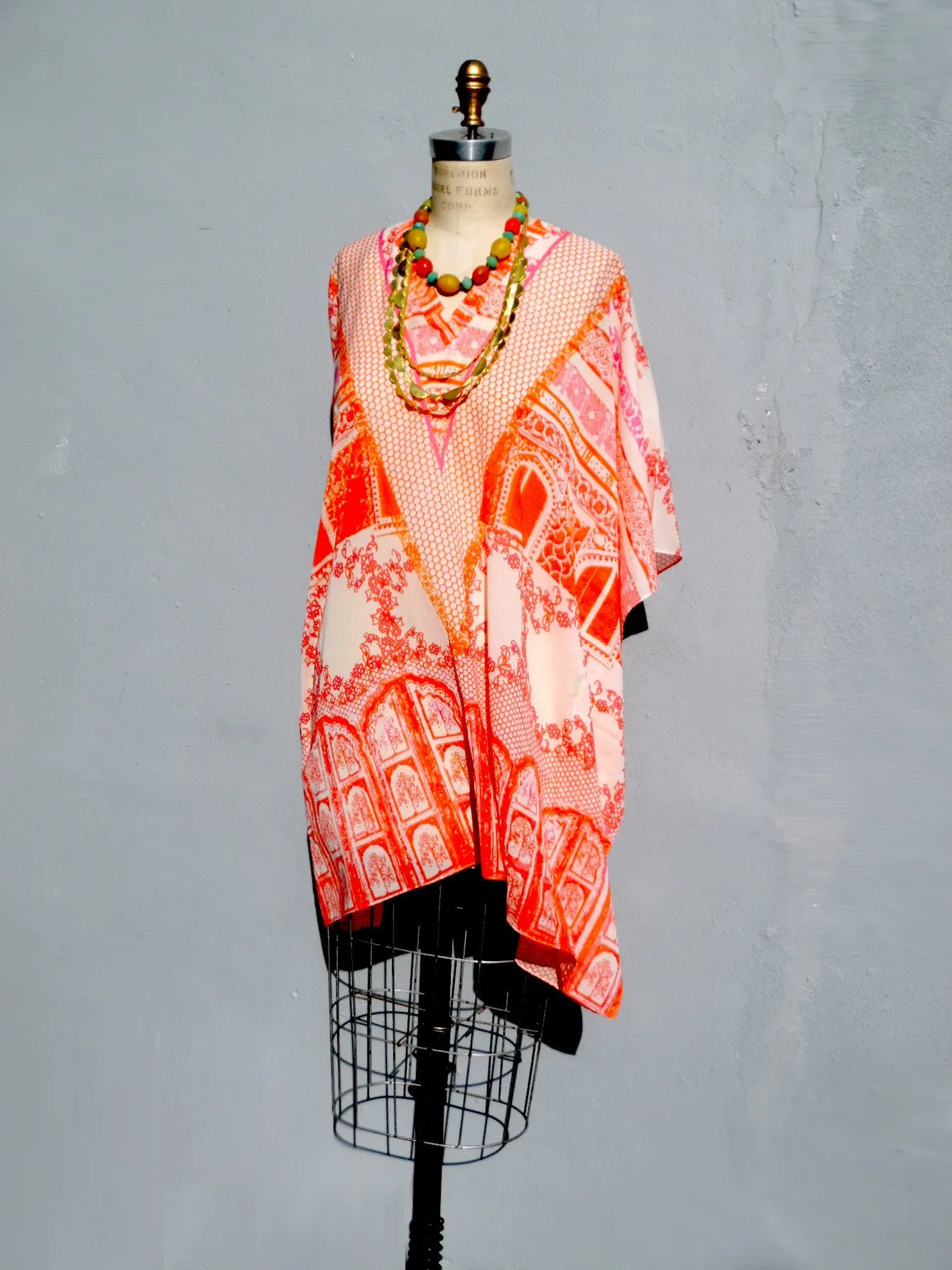 Caftan Silk Cotton Chinoiserie Orange And Pink