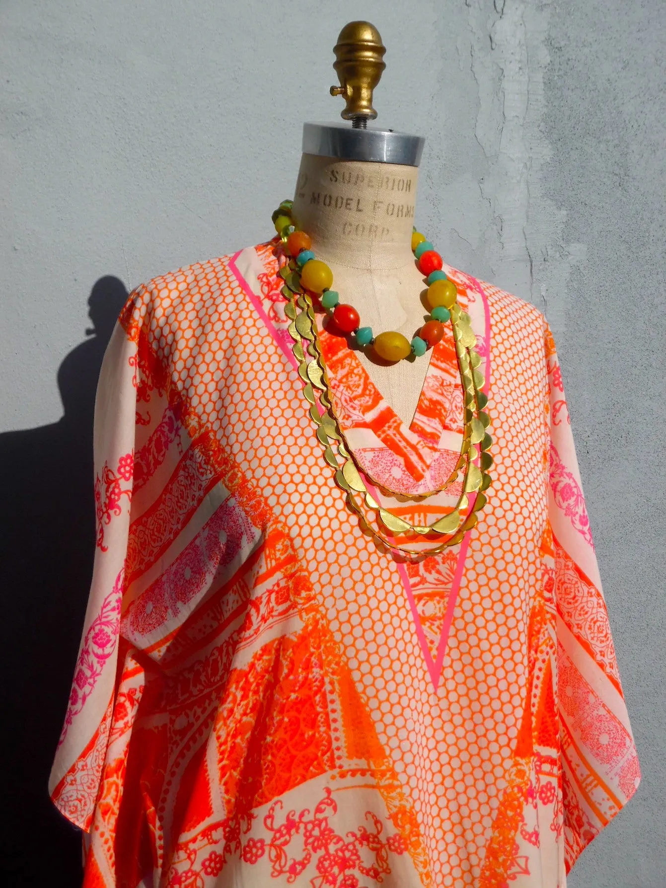 Caftan Silk Cotton Chinoiserie Orange And Pink