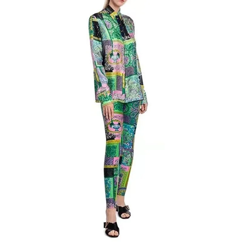 Casual Slim-fit Shirt Printed Leggings Pants Suit Women 2 Piece Set