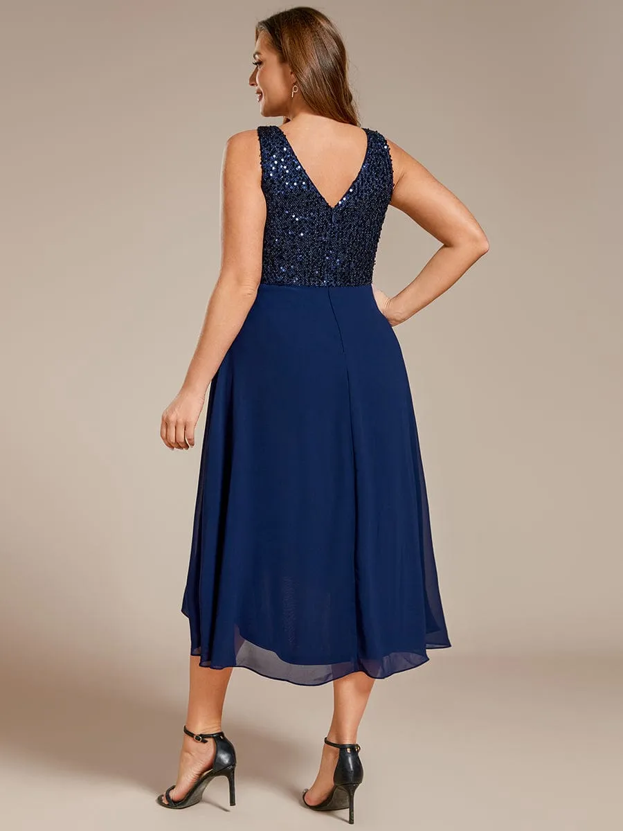 Chic V-Neck Sleeveless Chiffon Wedding Guest Dress with Sequin Bodice