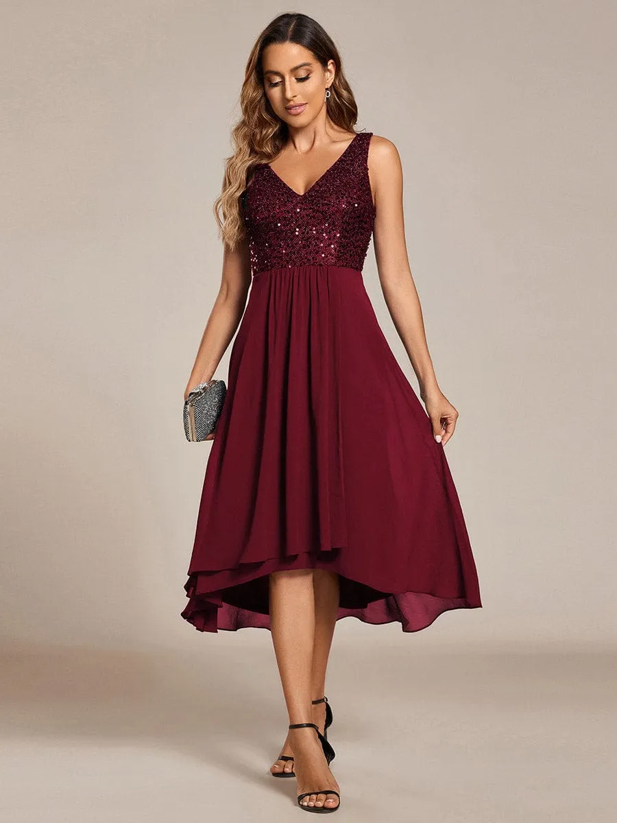 Chic V-Neck Sleeveless Chiffon Wedding Guest Dress with Sequin Bodice