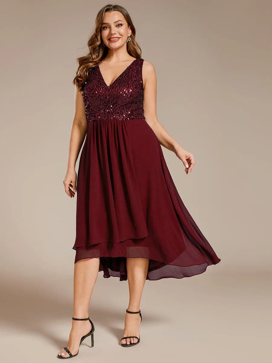 Chic V-Neck Sleeveless Chiffon Wedding Guest Dress with Sequin Bodice