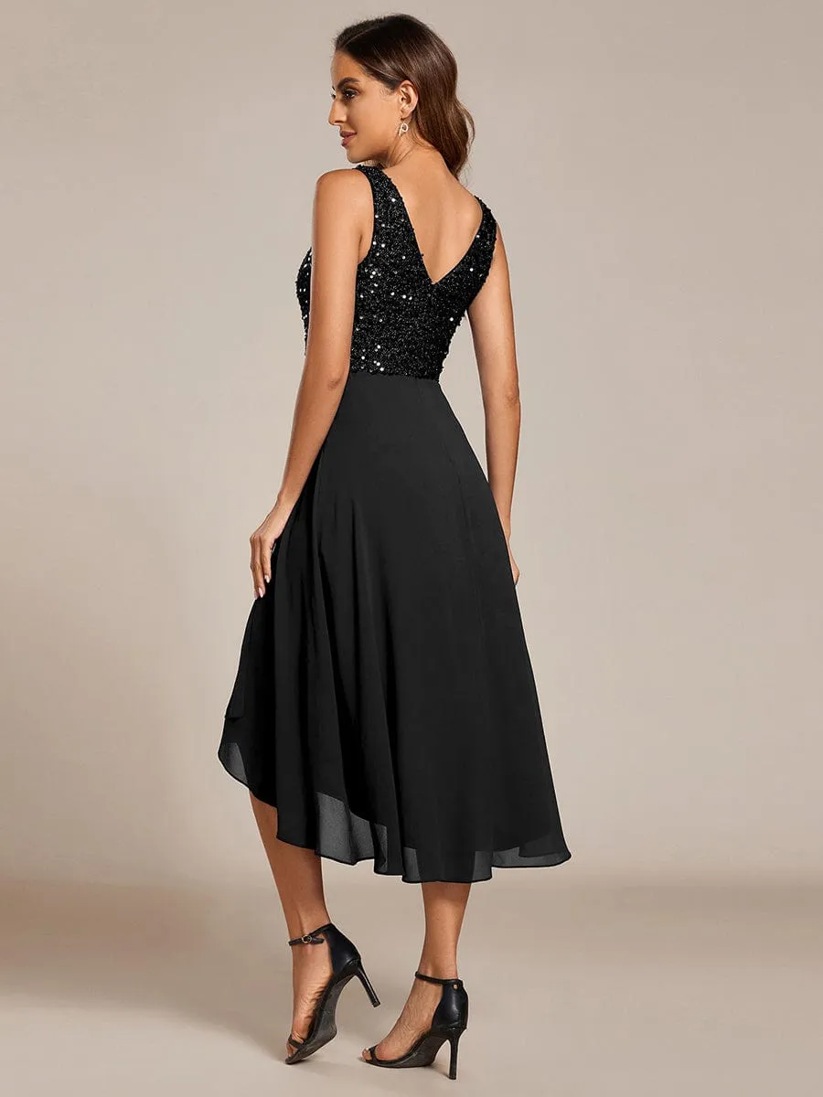 Chic V-Neck Sleeveless Chiffon Wedding Guest Dress with Sequin Bodice